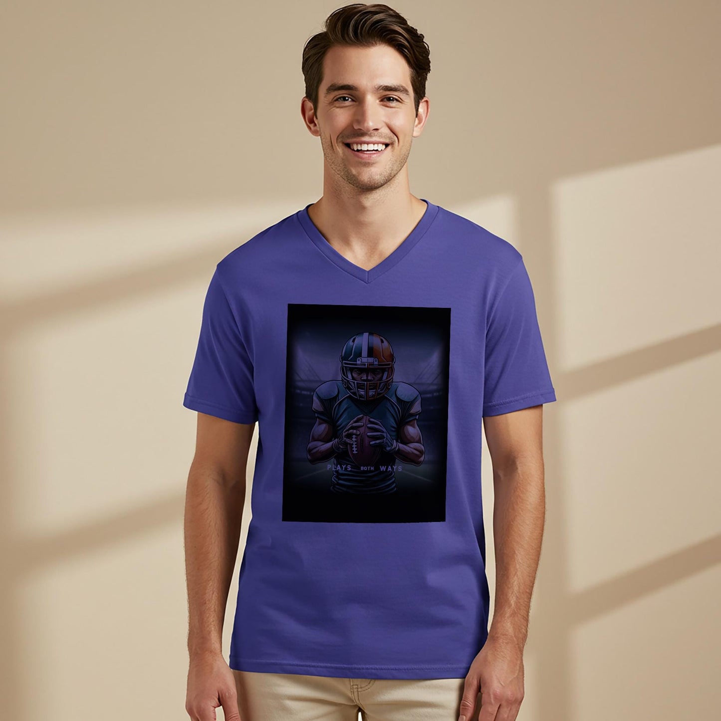 American Football Player V-Neck Tee | Game Day Apparel for Fans | Plays Both Ways Athletic Graphic Shirt | Determined Athlete Gift