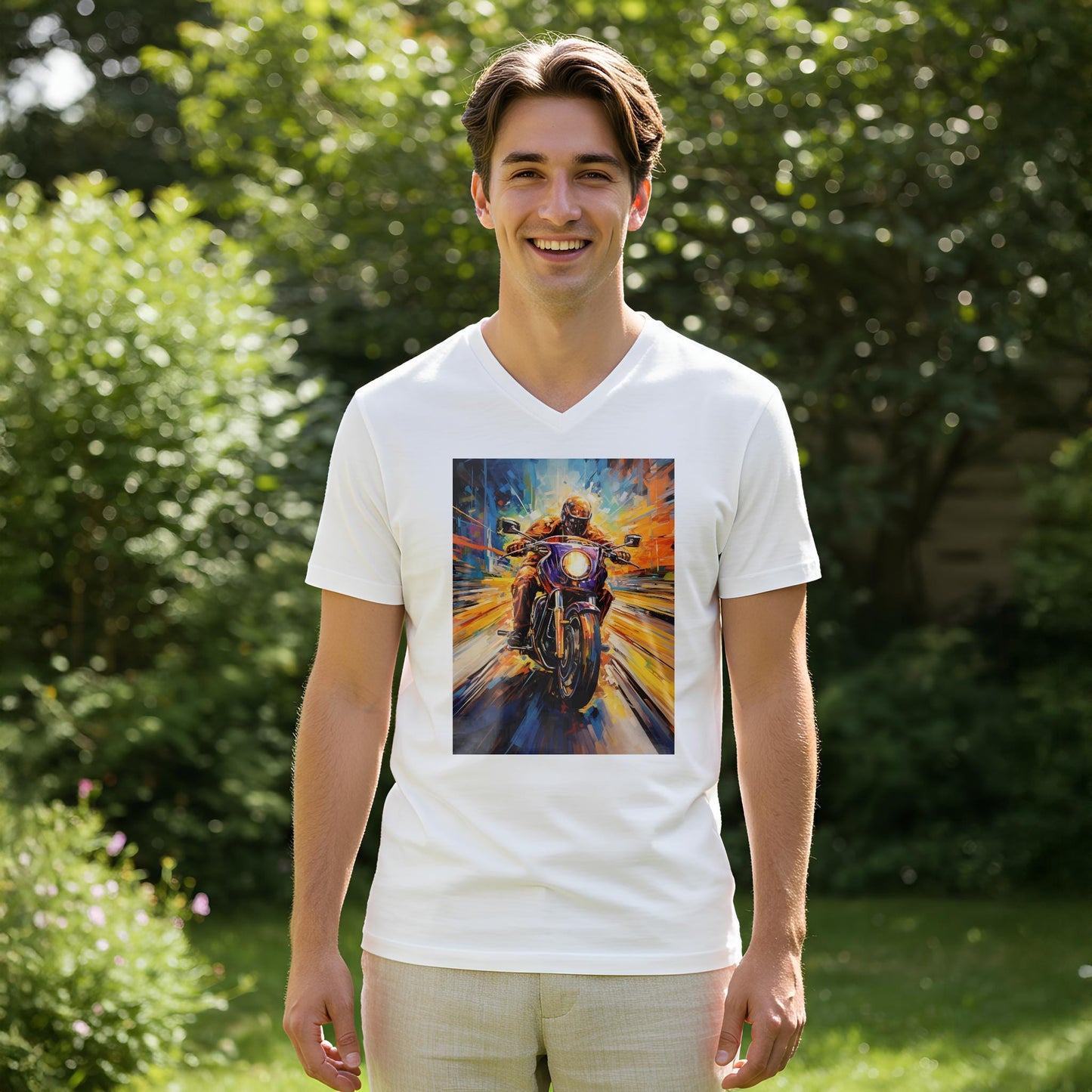 Unisex V-Neck Tee with Abstract Motorcycle Art | Dynamic Rider Speed Design | Vibrant Expressionist Biker Shirt | Unique Gift for Riders