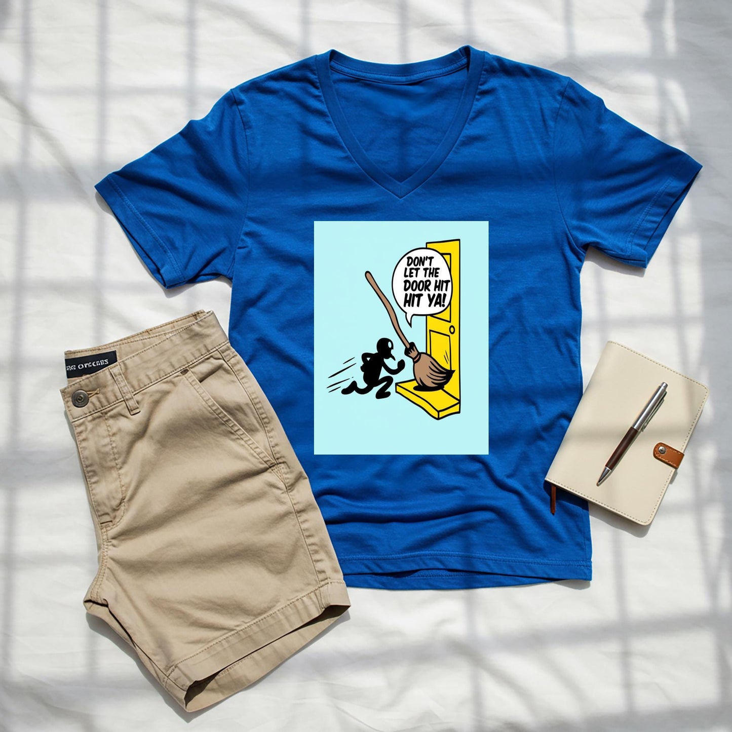 Unisex V-Neck Tee with Funny Broomstick Humor Design | Sarcastic Don't Let The Door Hit Ya Graphic T-Shirt | Witty Farewell Joke Gift Idea