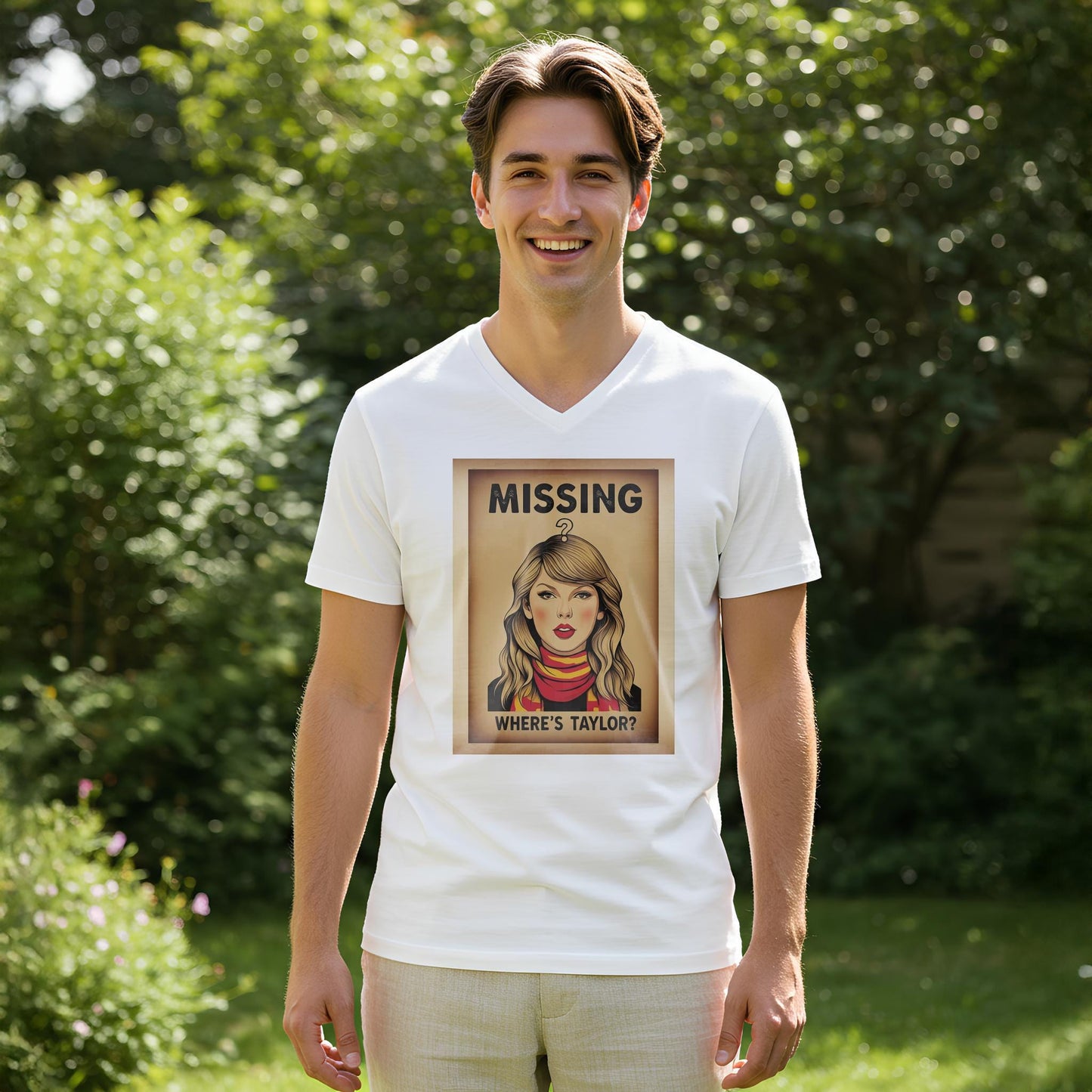 Taylor Swift V-Neck Tee | Swiftie T-Shirt | Missing Taylor Shirt | Pop Art Vintage Poster Design | Celebrity Fan Apparel | Music Lover Gift