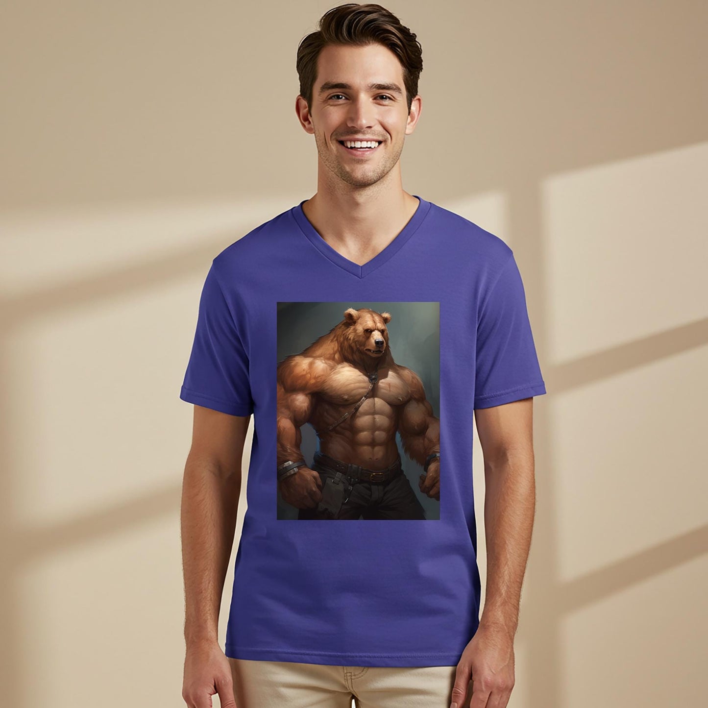 Muscular Anthropomorphic Bear V-Neck Tee | Fantasy Art Graphic Shirt | Power Symbol Apparel | Rugged Style Unisex Top for Bear Community