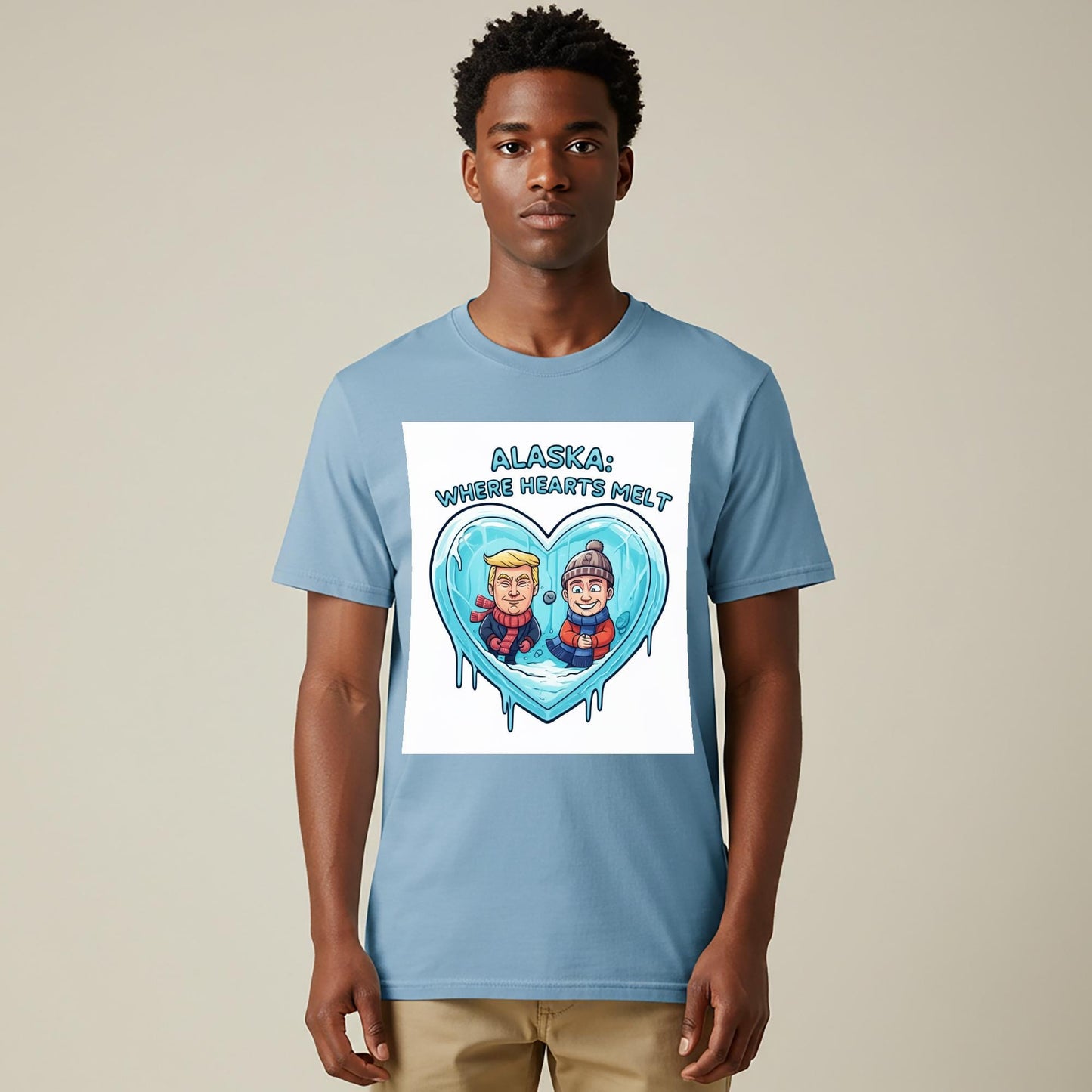 Alaska Political Humor T-Shirt | Funny Trump Biden Caricature Tee | Melting Ice Heart Design | Unisex Garment-Dyed Satire Gift Idea