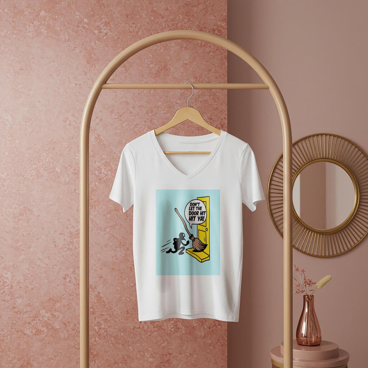 Unisex V-Neck Tee with Funny Broomstick Humor Design | Sarcastic Don't Let The Door Hit Ya Graphic T-Shirt | Witty Farewell Joke Gift Idea