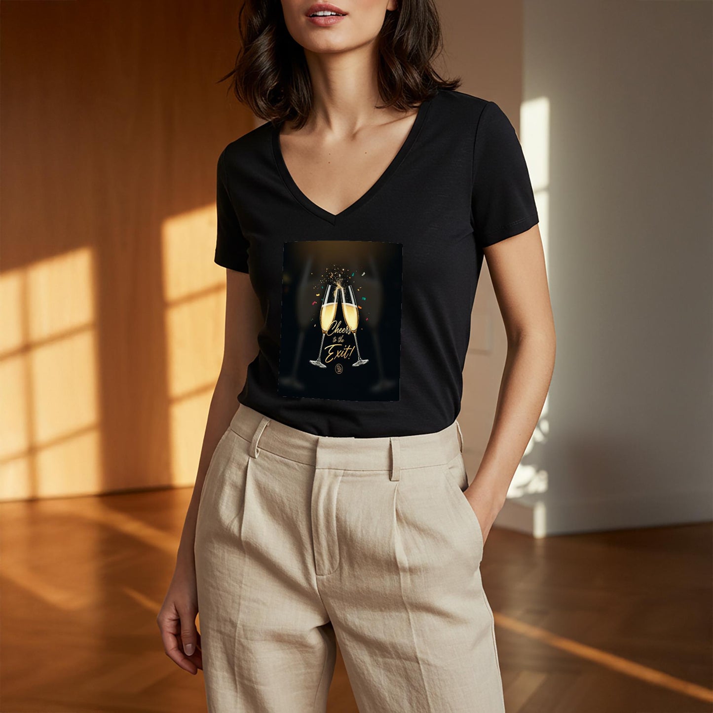Cheers to the Exit V-Neck Tee | Celebration Farewell Gift Shirt | New Beginnings Retirement Graduation Party Apparel | Unisex Design