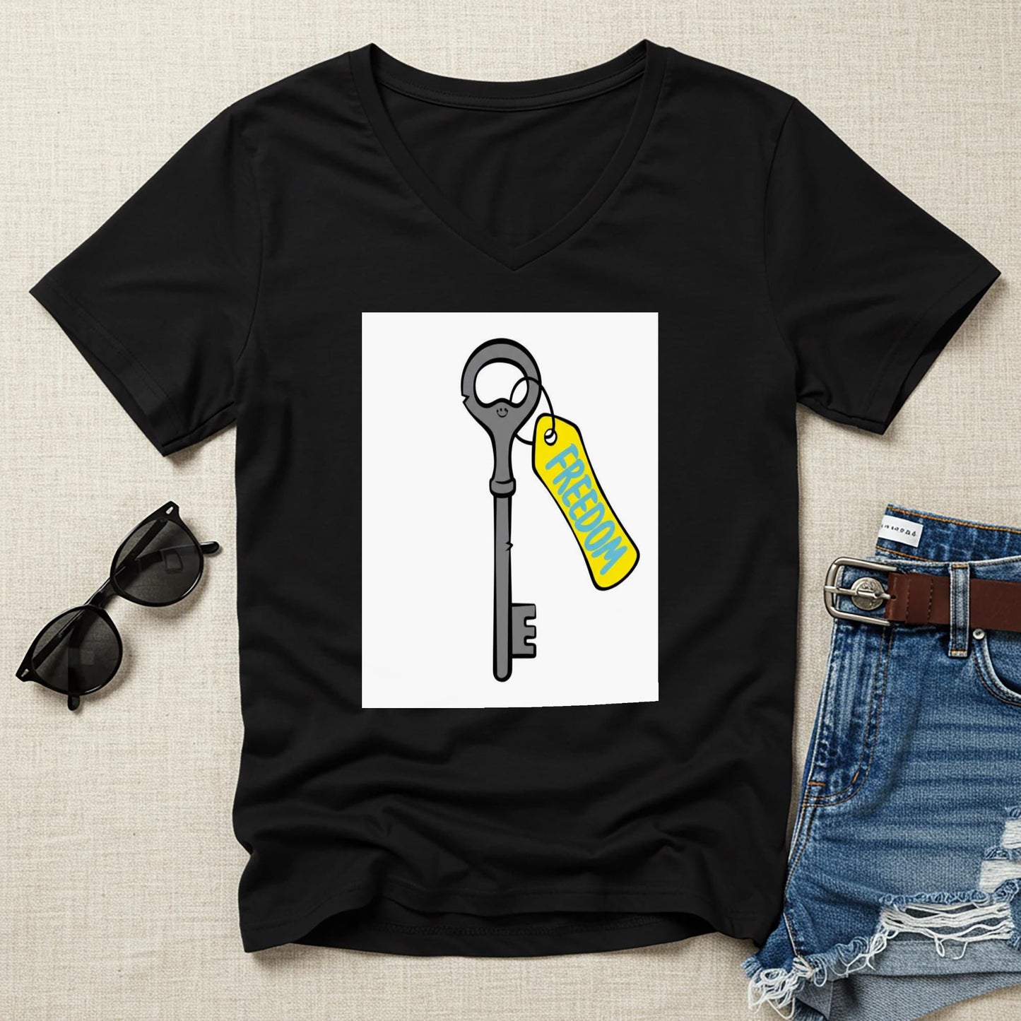 Unisex V-neck Tee with Freedom Key Design | Motivational Inspirational Shirt | Positive Message Apparel | Liberation Independence Gift