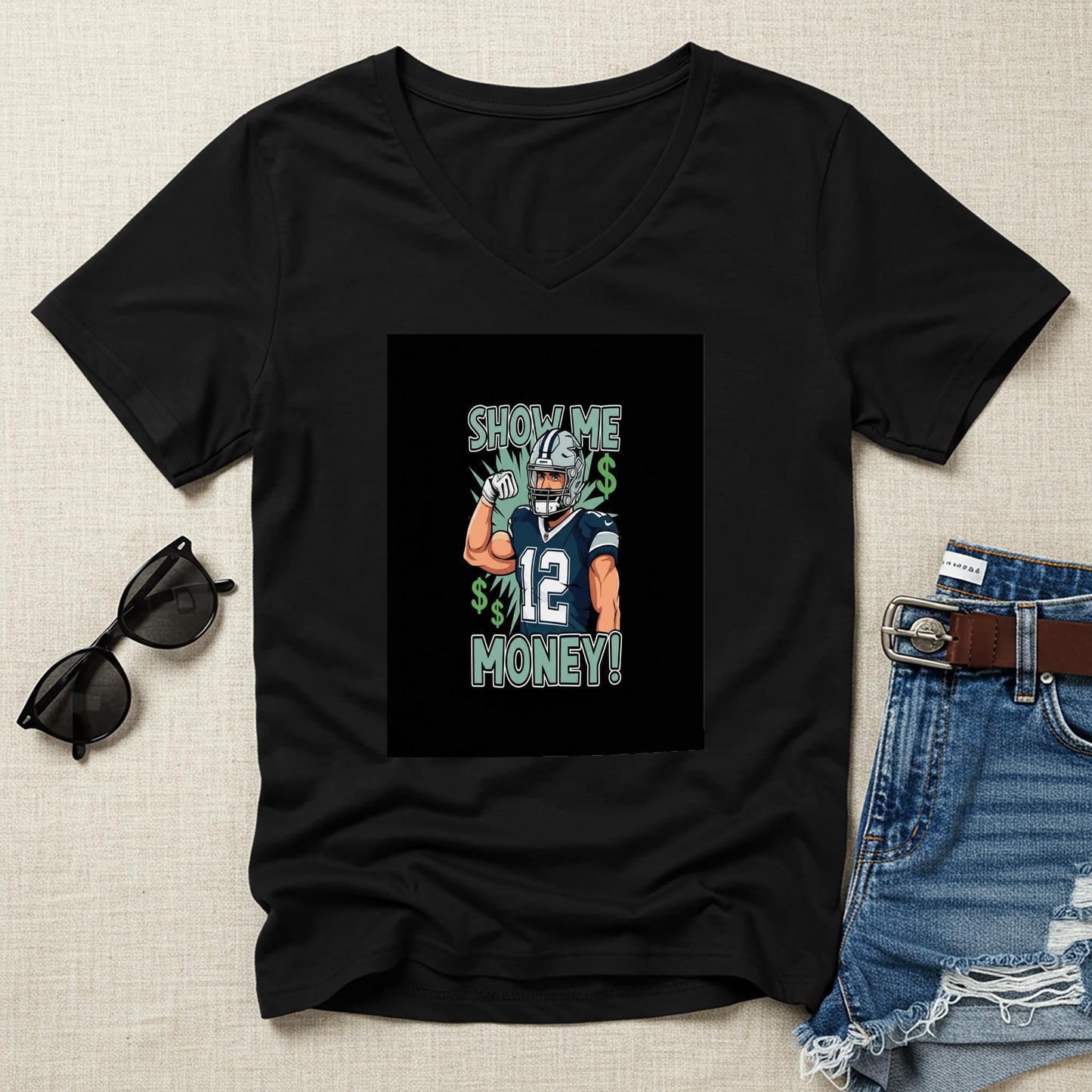 Unisex V-Neck Tee, Football Player Shirt, Show Me Money T-Shirt, Sports Humor Tee, Game Day Outfit, Football Fan Gift, Confident Attitude
