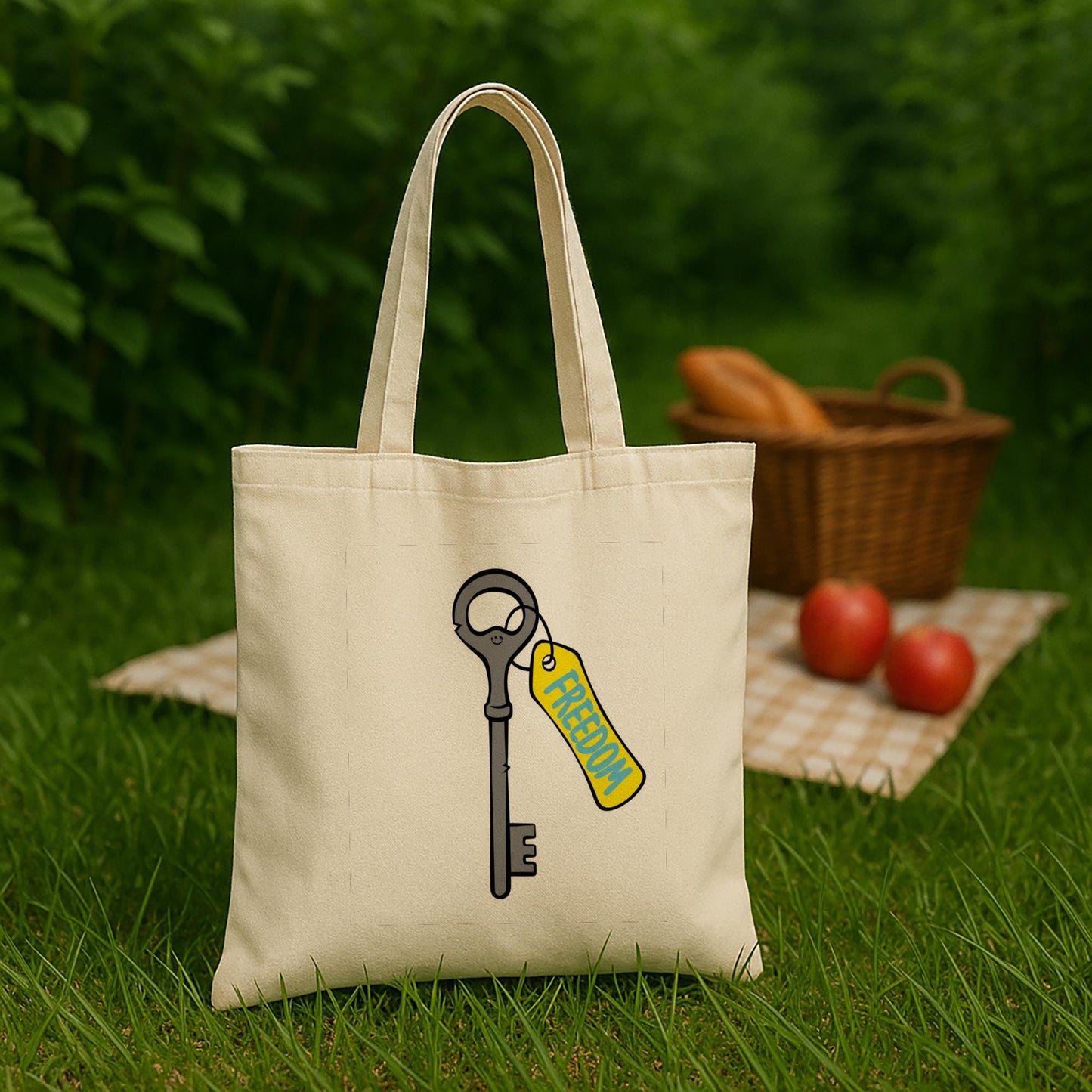 Freedom Key Tote Bag, Liberty Empowerment Canvas Tote, Positive Message Motivational Bag, Whimsical Cartoon Design, Reusable Gift.