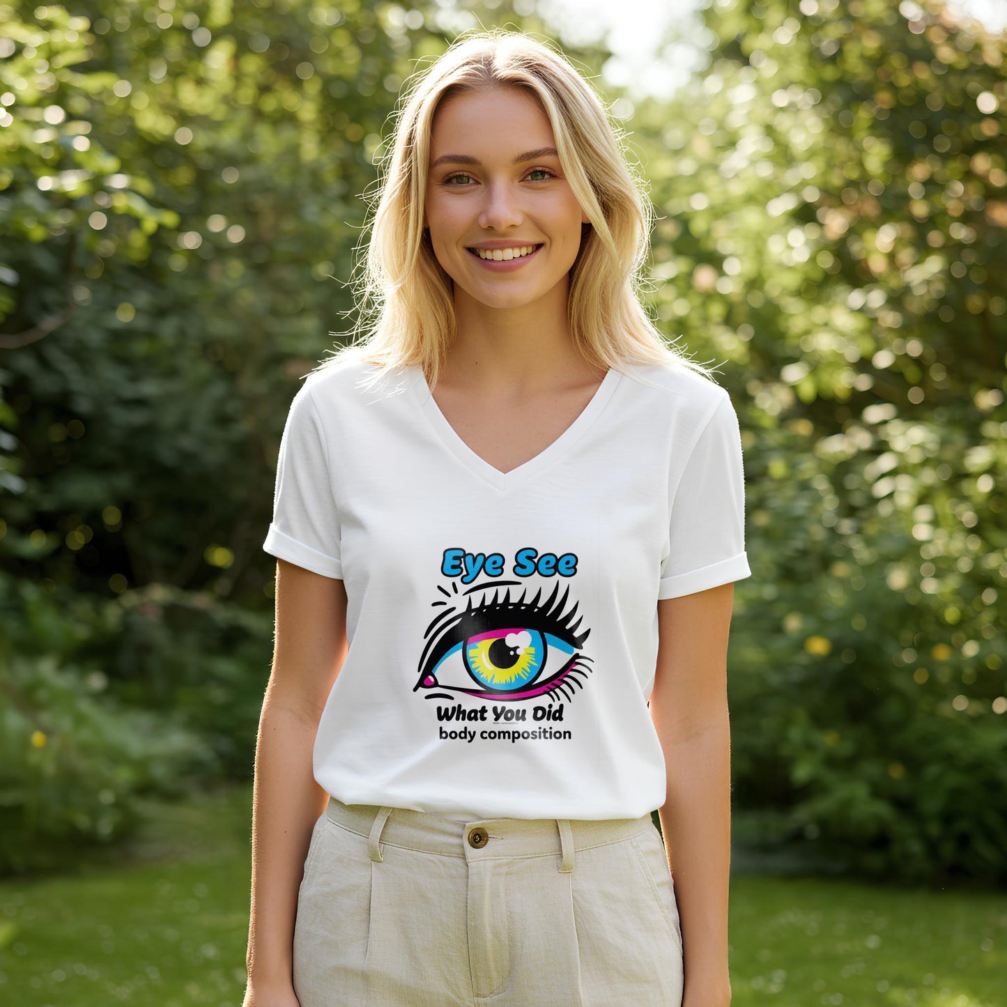 Unisex V-Neck Tee with Bold Pop Art Eye Design | CMYK Vibrant Graphic T-Shirt | Humorous Statement Apparel | Quirky Streetwear Gift Idea