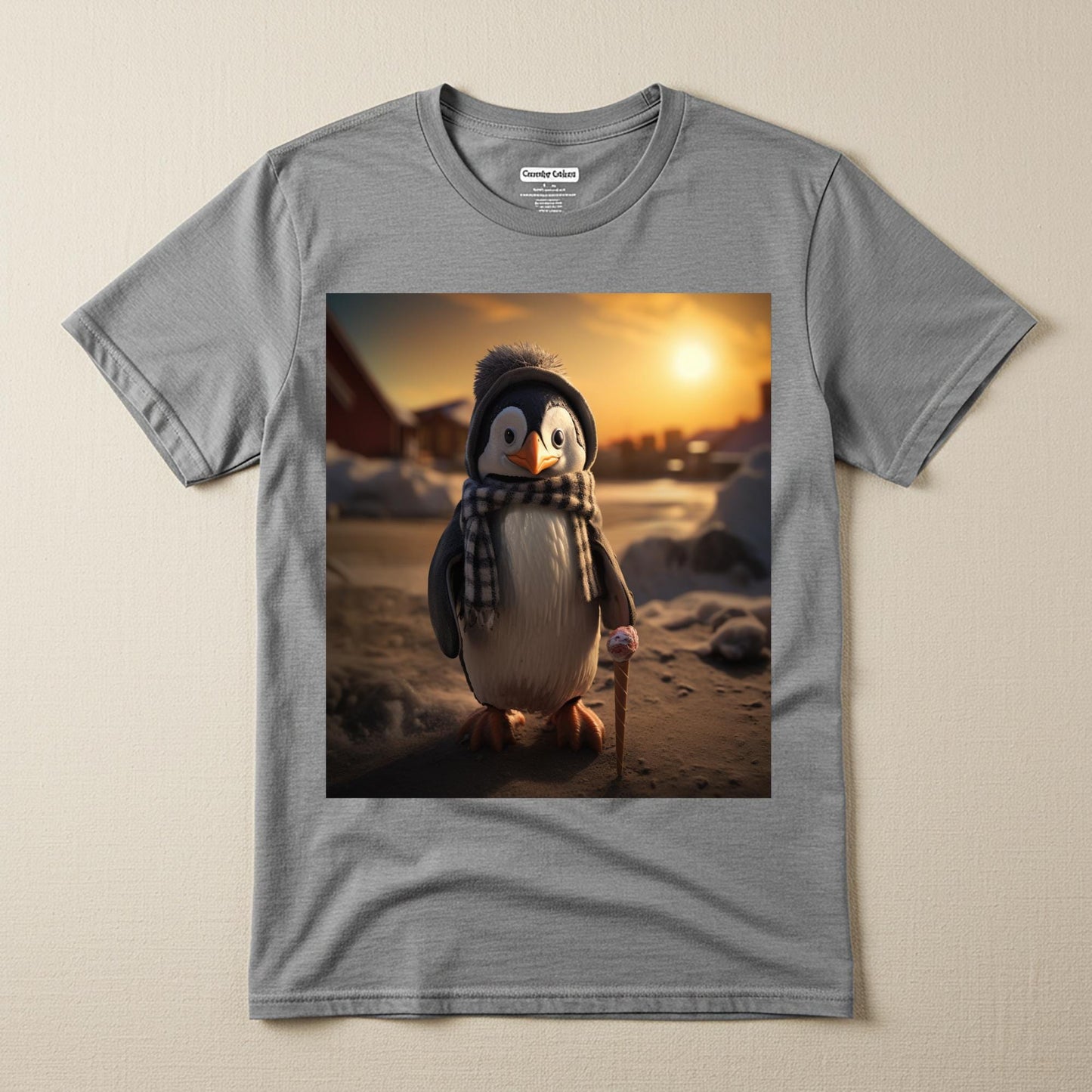 Cozy Penguin Garment-Dyed T-shirt | Whimsical Winter Animal Graphic Tee | Cute Ice Cream Penguin Shirt | Unique Sunset Design Gift Idea