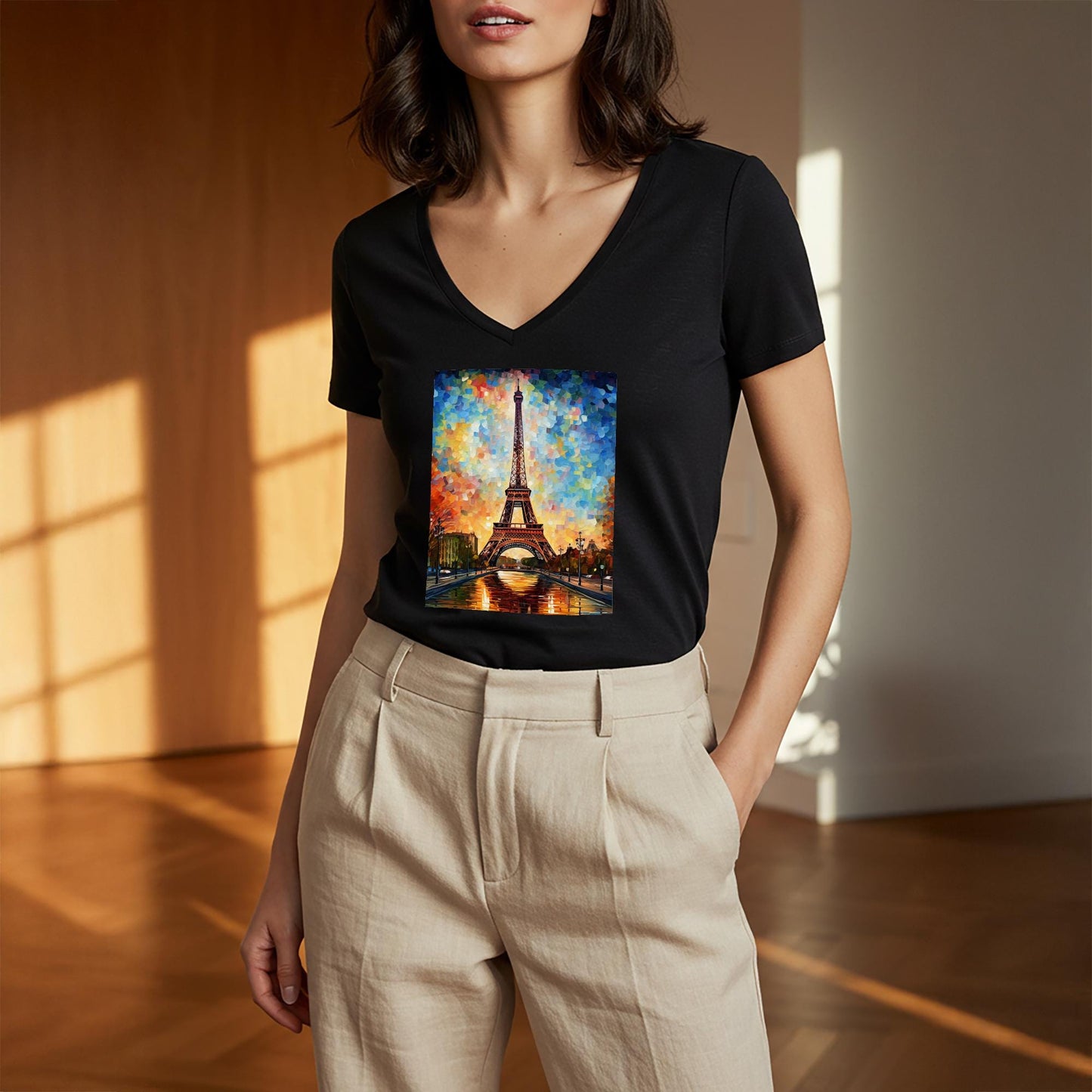 Vibrant Eiffel Tower V-Neck Tee | Impressionist Paris Art Shirt | Autumn Cityscape Graphic | Romantic Travel Apparel | Artistic Unisex Top