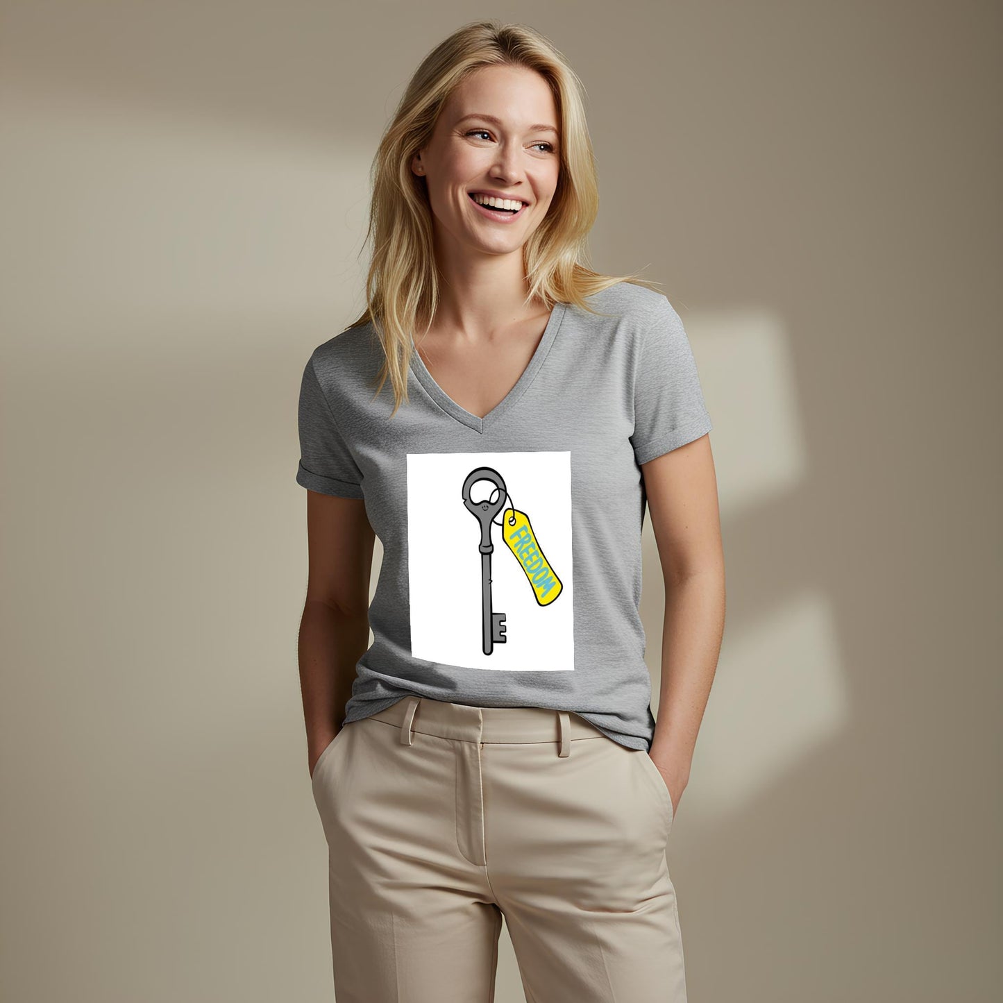 Unisex V-neck Tee with Freedom Key Design | Motivational Inspirational Shirt | Positive Message Apparel | Liberation Independence Gift