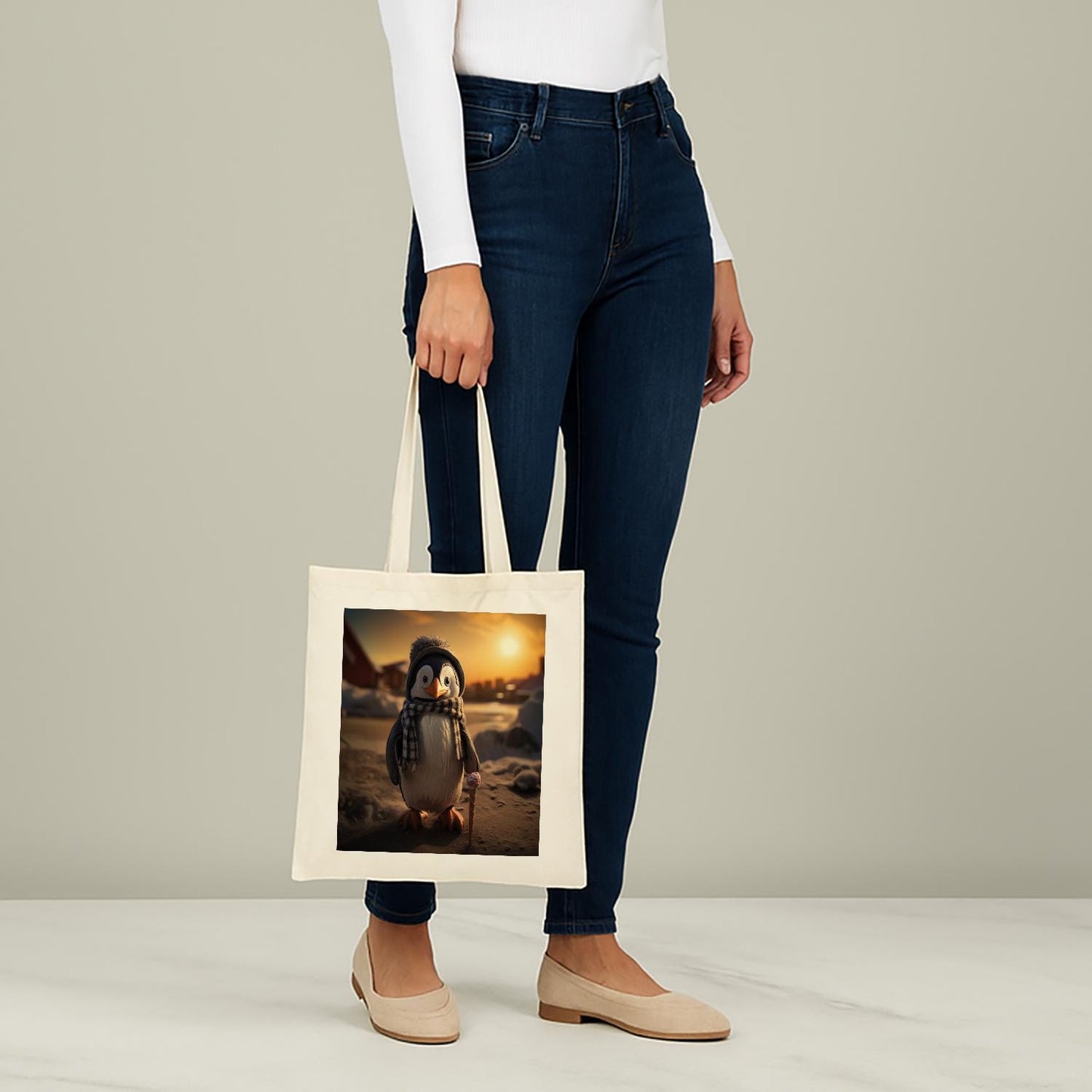 Cute Penguin Tote Bag with Ice Cream Cone Design | Whimsical Winter Animal Art | Cozy Cotton Canvas Shopper | Unique Gift for Animal Lovers
