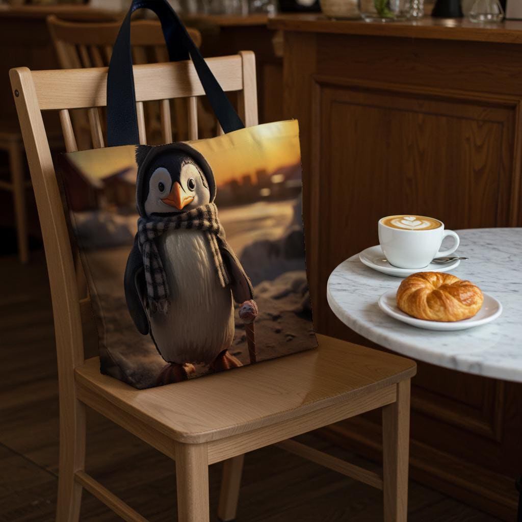Cute Penguin Tote Bag with Ice Cream Cone, Whimsical Winter Animal Design, Cozy Beanie Scarf Art, Unique Gift for Teens & Everyday Carryall