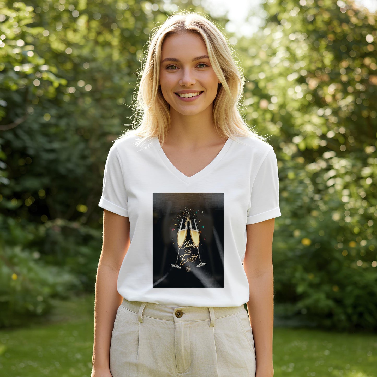 Cheers to the Exit V-Neck Tee | Celebration Farewell Gift Shirt | New Beginnings Retirement Graduation Party Apparel | Unisex Design