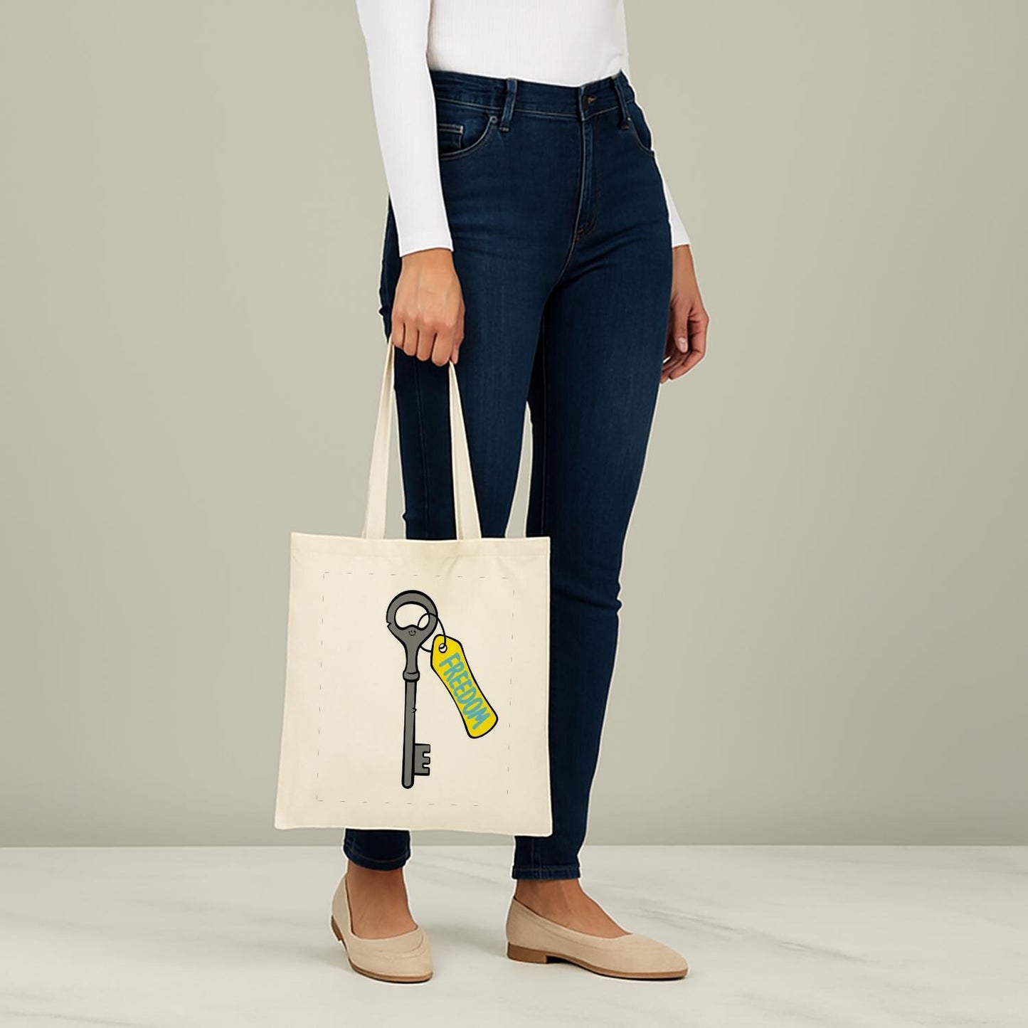 Freedom Key Tote Bag, Liberty Empowerment Canvas Tote, Positive Message Motivational Bag, Whimsical Cartoon Design, Reusable Gift.