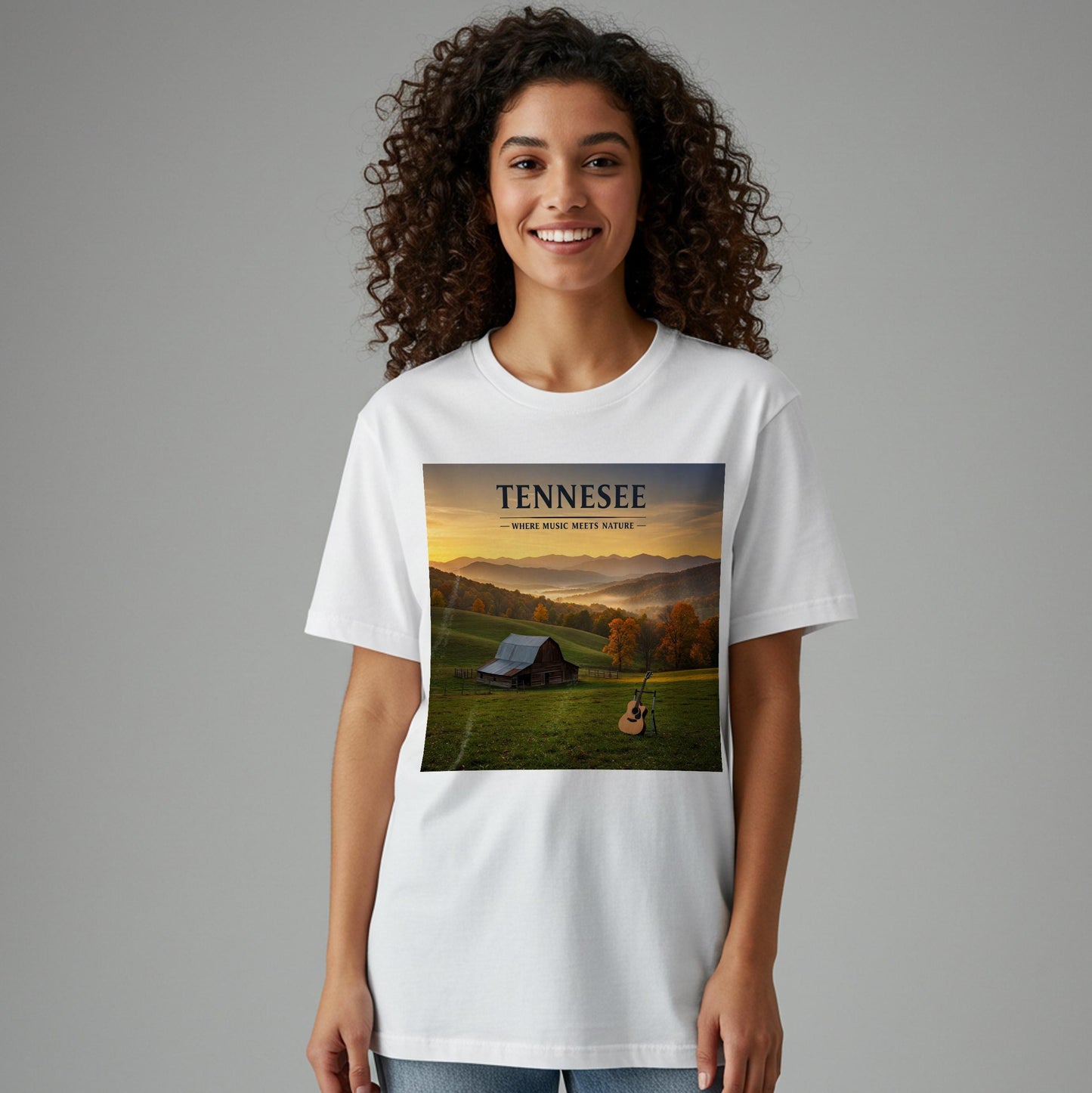 Tennessee Music Meets Nature T-Shirt | Appalachian Landscape Autumn Barn Guitar Tee | Rustic Country Music Fan Gift | State Pride Apparel