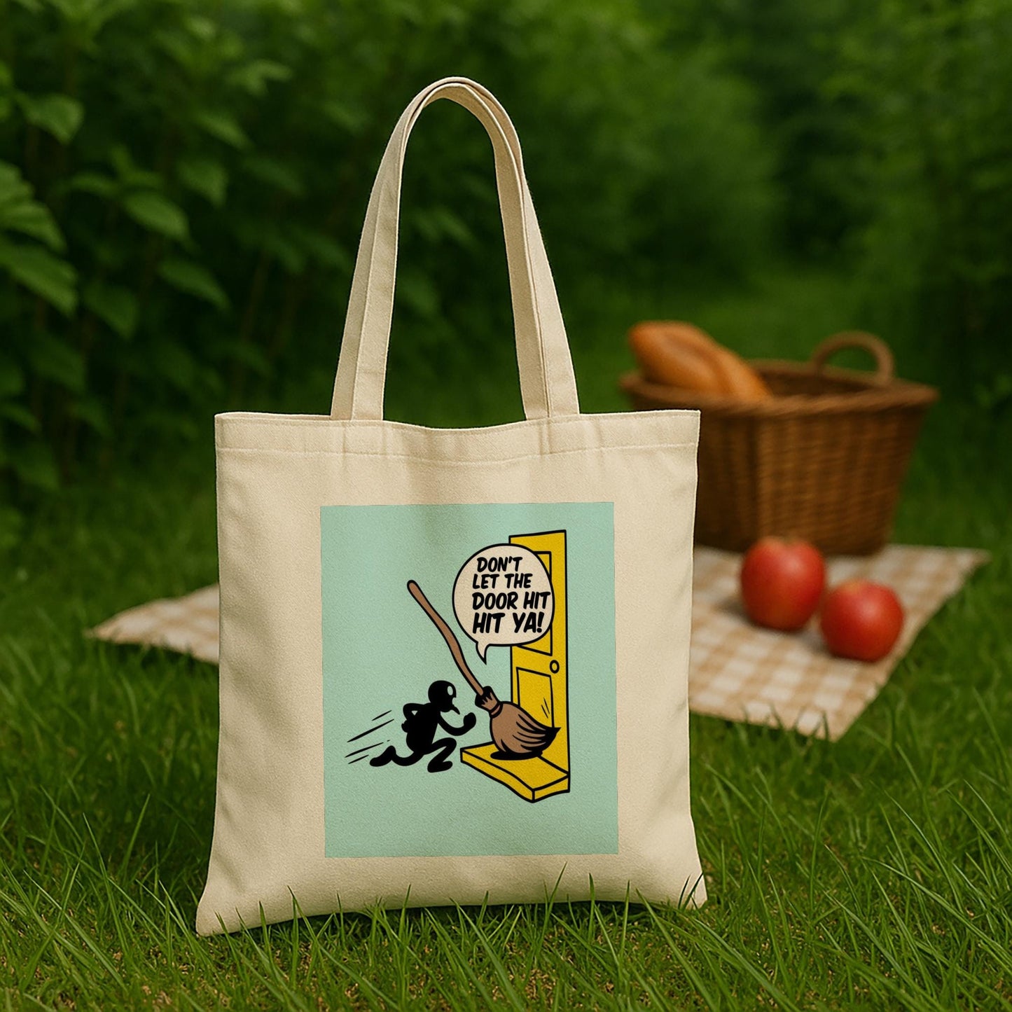 Humorous Sarcastic Tote Bag Funny Broomstick Design Don't Let The Door Hit Ya Witty Farewell Gift Cheeky Quote Playful Humor Canvas Bag