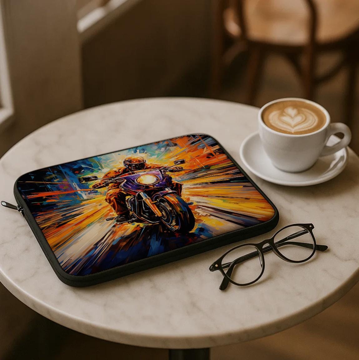 Dynamic Motorcycle Laptop Sleeve | Abstract Speed Art Biker Cover | Vibrant Expressionist Tech Bag | Unique Rider Gift Idea for Commuters