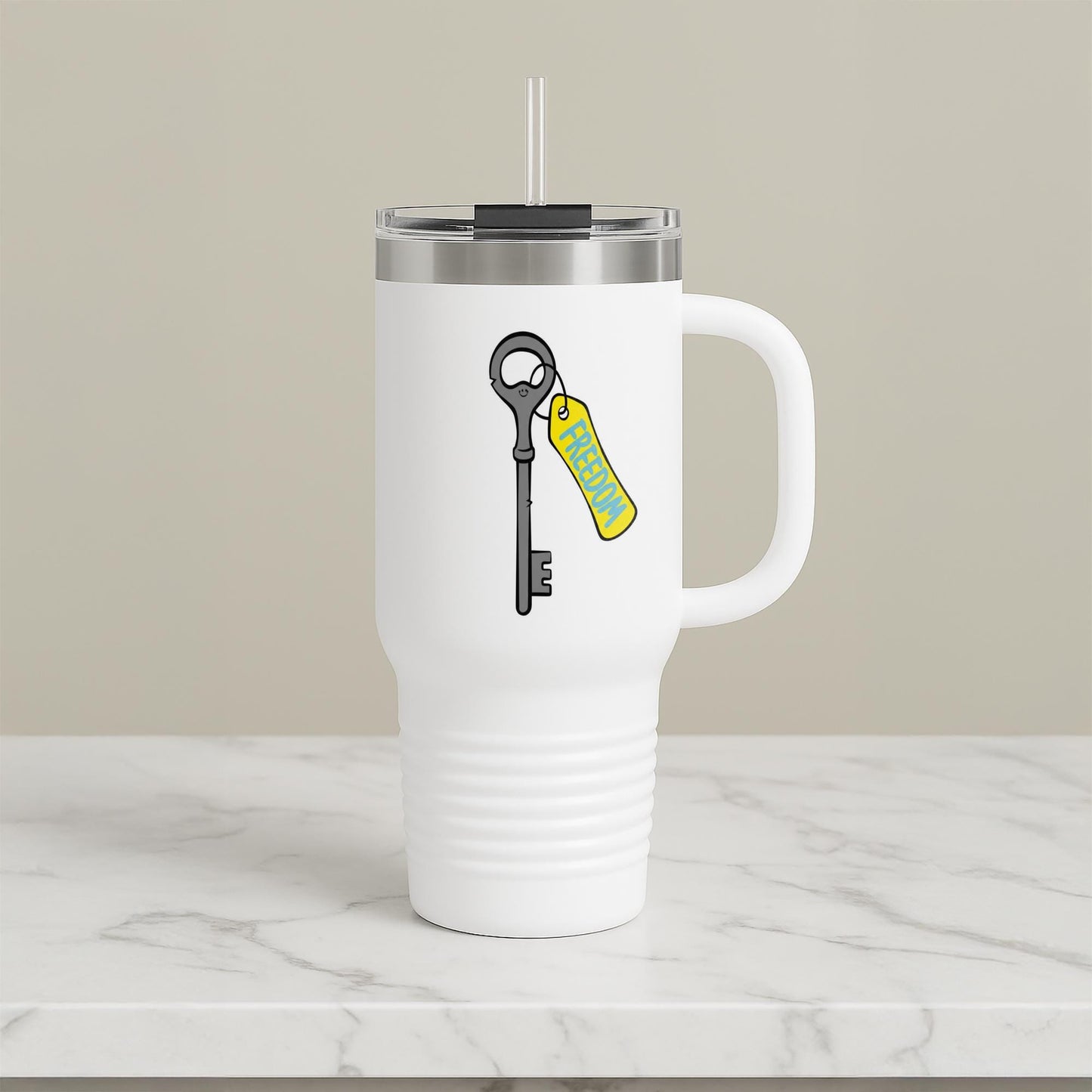 Freedom Key Insulated Travel Mug 40oz | Motivational Tumbler with Smiley Key Design | Inspirational Drinkware for Adventure & Positivity