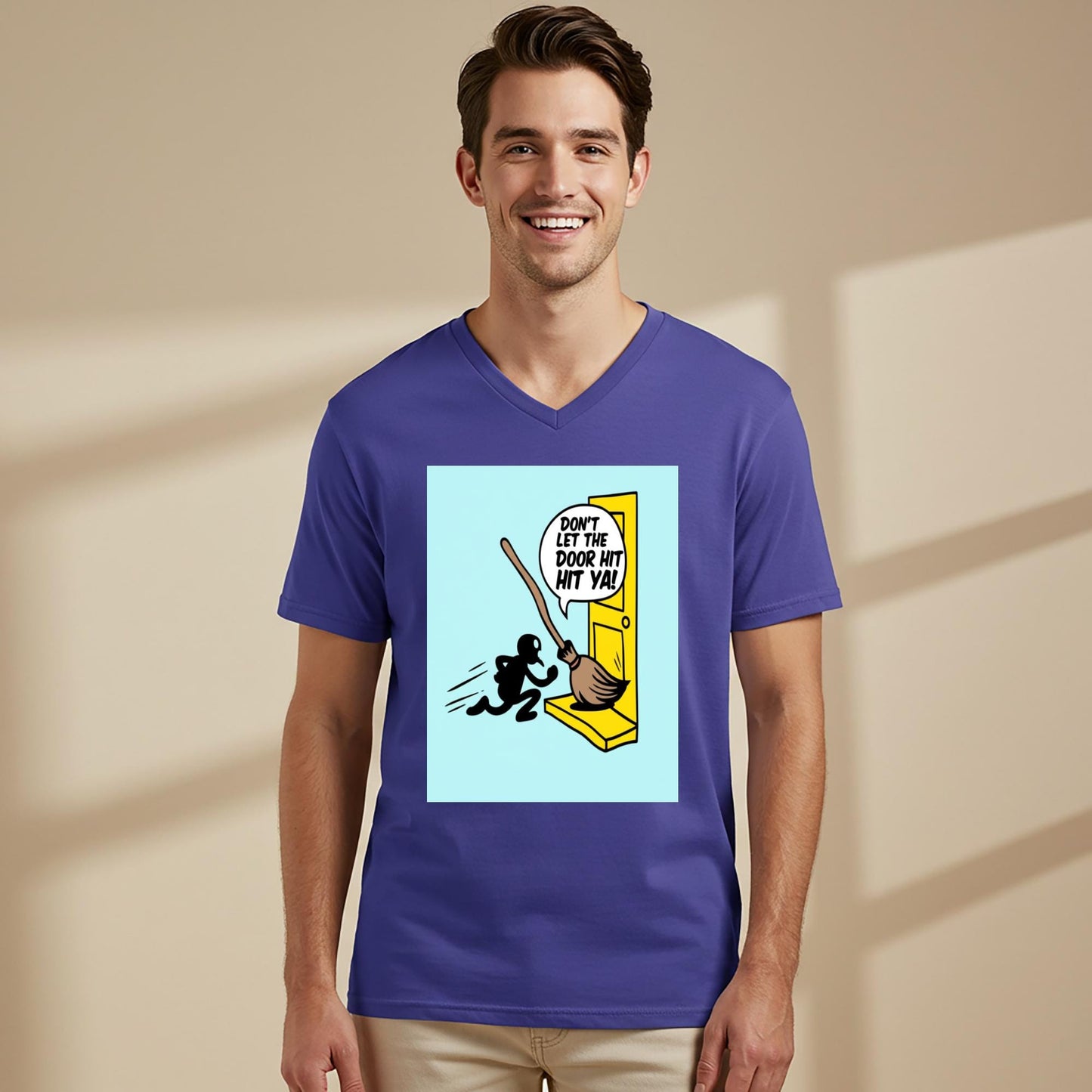 Unisex V-Neck Tee with Funny Broomstick Humor Design | Sarcastic Don't Let The Door Hit Ya Graphic T-Shirt | Witty Farewell Joke Gift Idea
