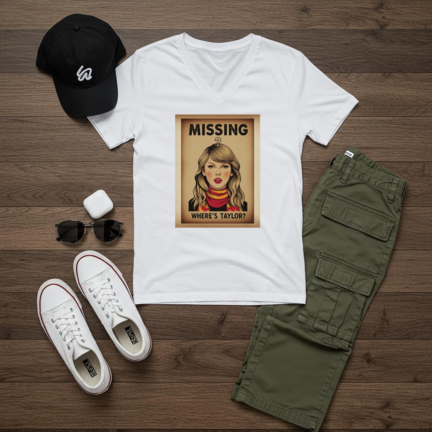 Taylor Swift V-Neck Tee | Swiftie T-Shirt | Missing Taylor Shirt | Pop Art Vintage Poster Design | Celebrity Fan Apparel | Music Lover Gift