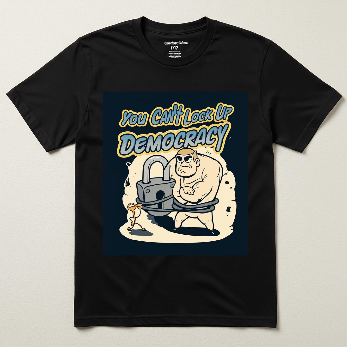You Can't Lock Up Democracy T-Shirt | Political Freedom Activist Tee | Social Justice Empowerment Apparel | Vintage Cartoon Statement Shirt