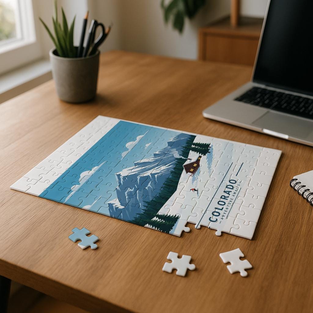 Colorado Winter Mountain Puzzle | Skiing Adventure Jigsaw | Cozy Cabin Landscape Art | Retro Travel Poster Style Gift for Outdoor Lovers