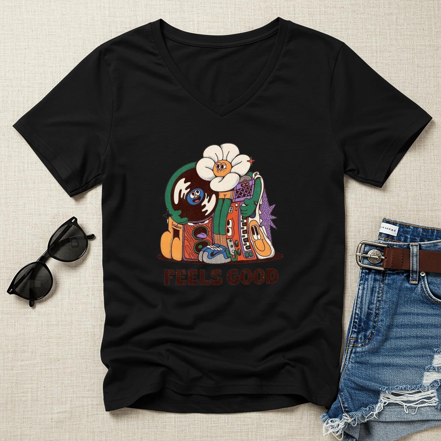 Groovy Vibe Unisex V-Neck Tee | Retro Psychedelic Cartoon Shirt | Feels Good Music Lover Apparel | Trending Design | Modern Home Decor