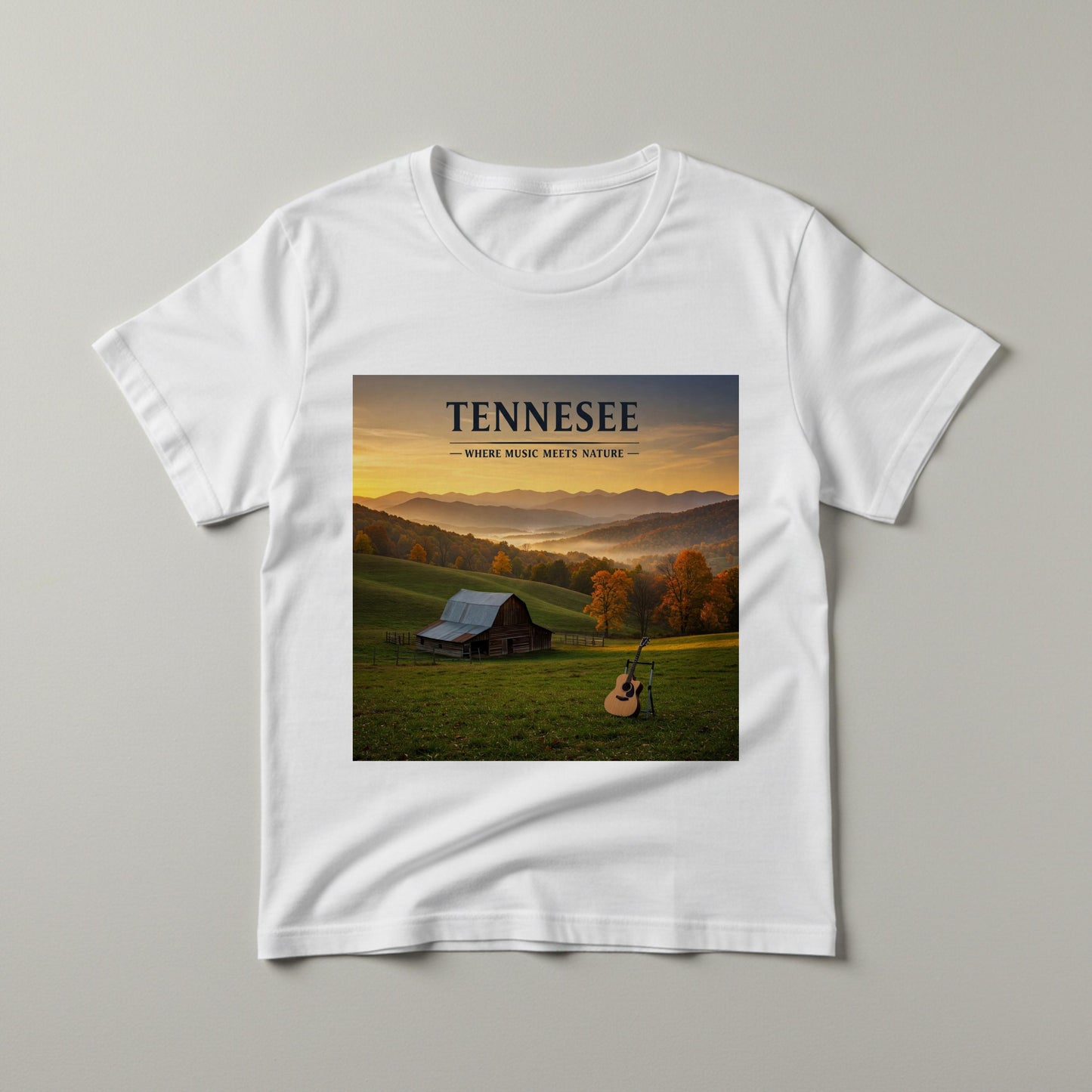 Tennessee Music Meets Nature T-Shirt | Appalachian Landscape Autumn Barn Guitar Tee | Rustic Country Music Fan Gift | State Pride Apparel