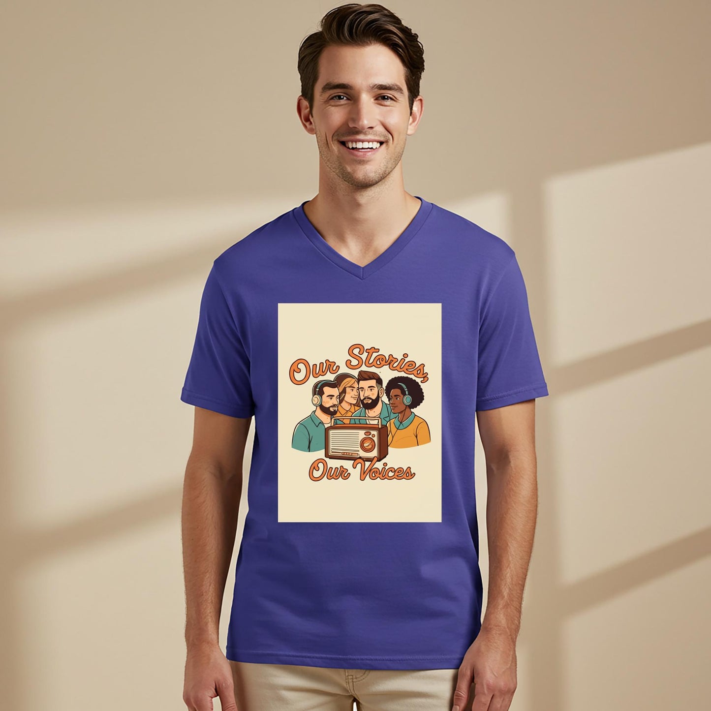 Our Stories Our Voices Unisex V-Neck Tee | Diverse Voices Podcast Lover Gift | Retro Radio Graphic Shirt | Community Connection Apparel