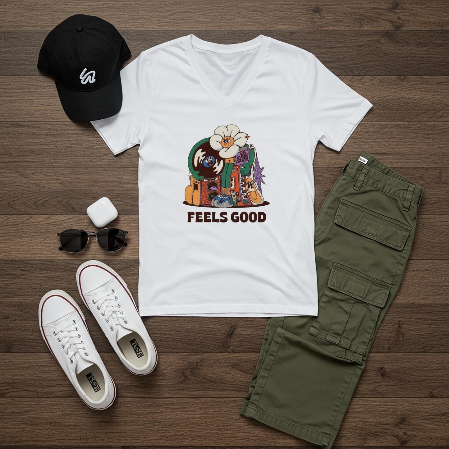 Groovy Vibe Unisex V-Neck Tee | Retro Psychedelic Cartoon Shirt | Feels Good Music Lover Apparel | Trending Design | Modern Home Decor