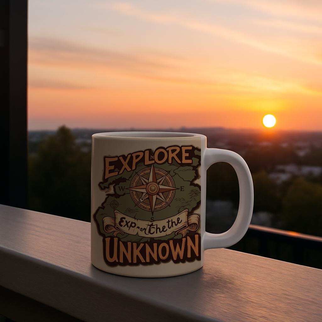 Explore the Unknown Mug, Adventure Awaits Coffee Cup, Vintage Travel Theme, Compass Rose Wanderlust Gift, Retro Explorer Drinkware