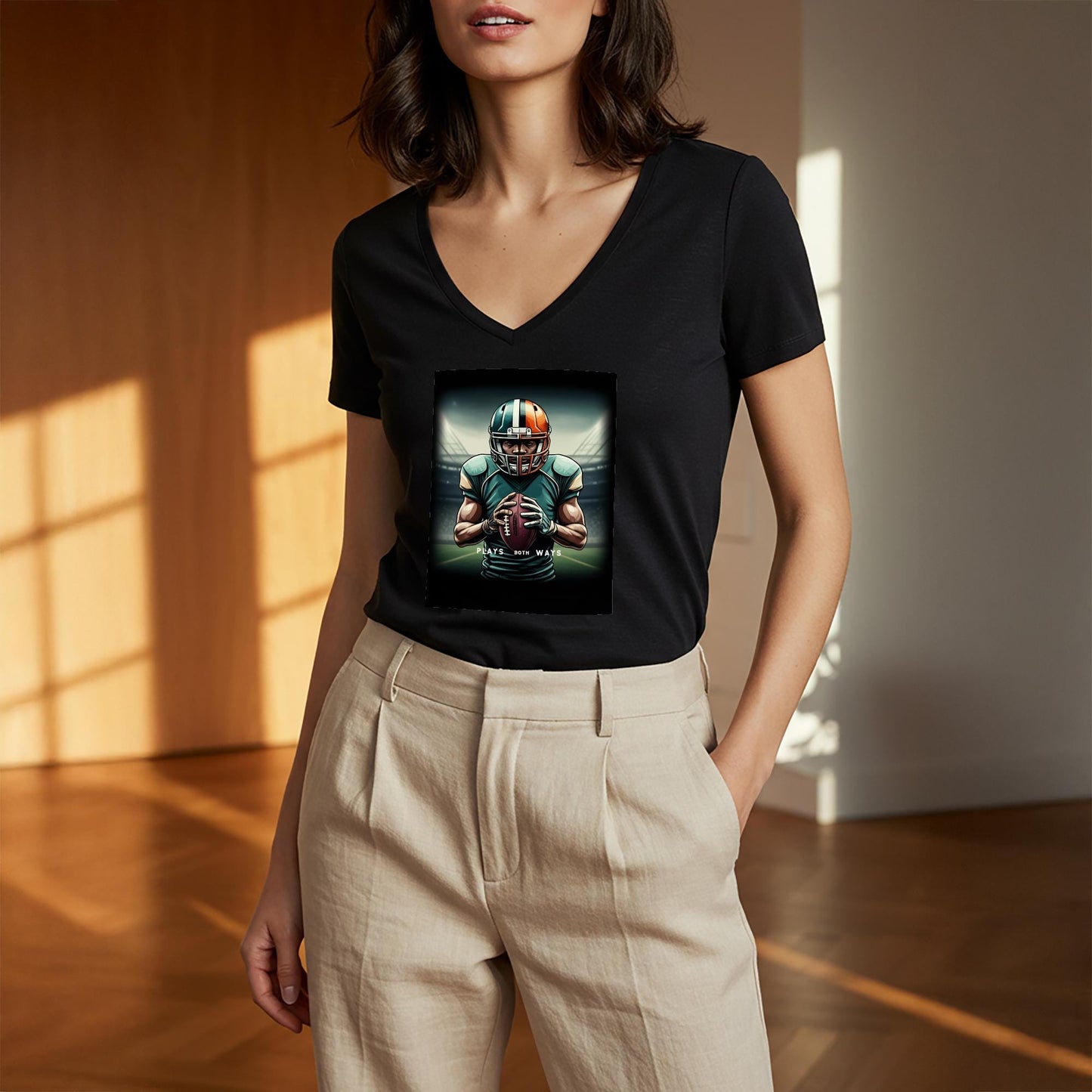 American Football Player V-Neck Tee | Game Day Apparel for Fans | Plays Both Ways Athletic Graphic Shirt | Determined Athlete Gift
