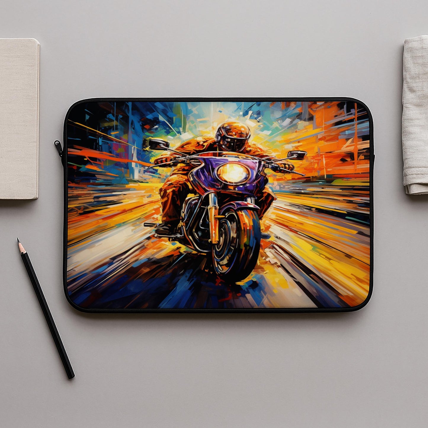 Dynamic Motorcycle Laptop Sleeve | Abstract Speed Art Biker Cover | Vibrant Expressionist Tech Bag | Unique Rider Gift Idea for Commuters