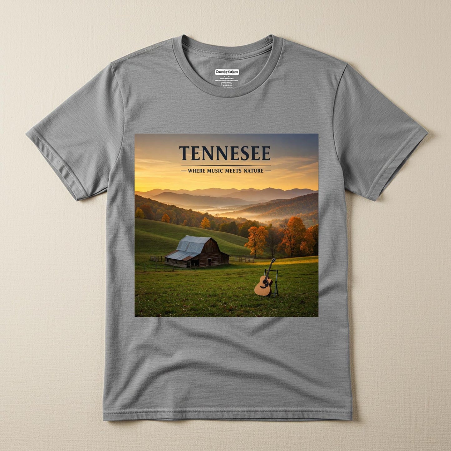 Tennessee Music Meets Nature T-Shirt | Appalachian Landscape Autumn Barn Guitar Tee | Rustic Country Music Fan Gift | State Pride Apparel
