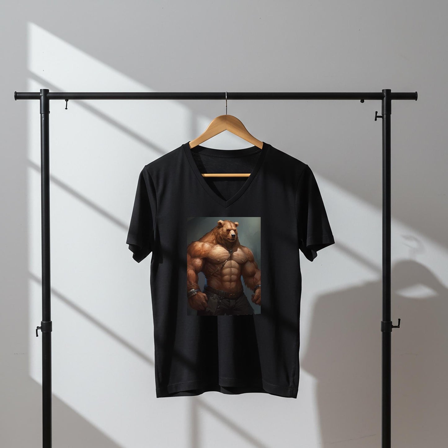 Muscular Anthropomorphic Bear V-Neck Tee | Fantasy Art Graphic Shirt | Power Symbol Apparel | Rugged Style Unisex Top for Bear Community