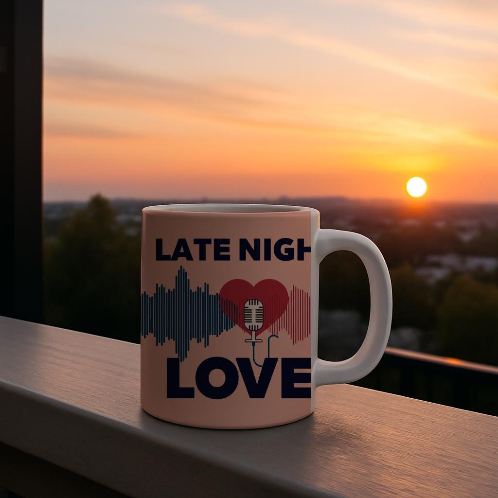 Late Night Love Mug | Romantic Coffee Cup | Podcast Lover Gift | Vintage Microphone Design | Heart Sound Wave Art | Cozy Anniversary Present