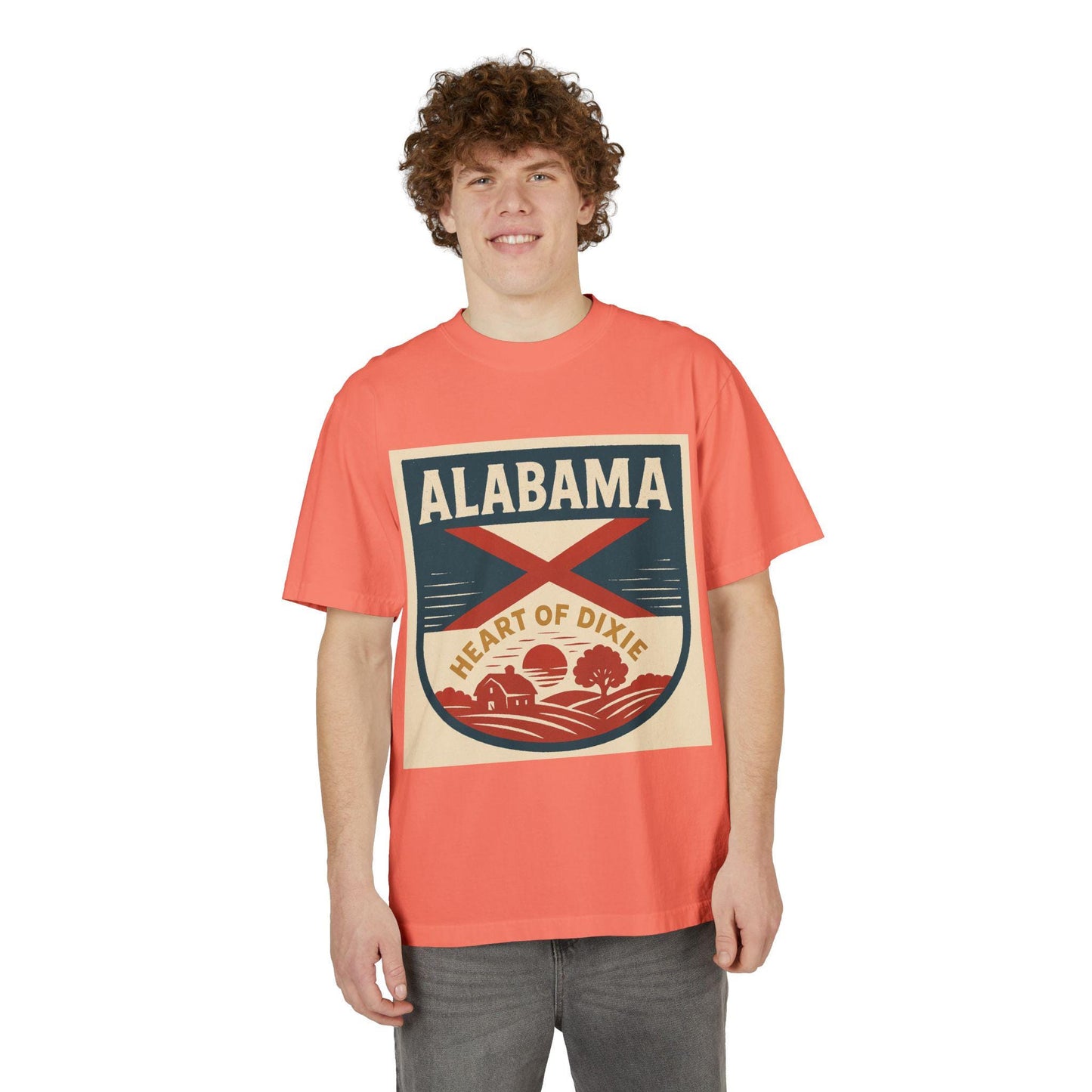 Heart of Dixie Alabama Vintage Garment-Dyed Unisex Drop-Shoulder T-Shirt - 100% Cotton, Soft & Comfortable, Made in the USA