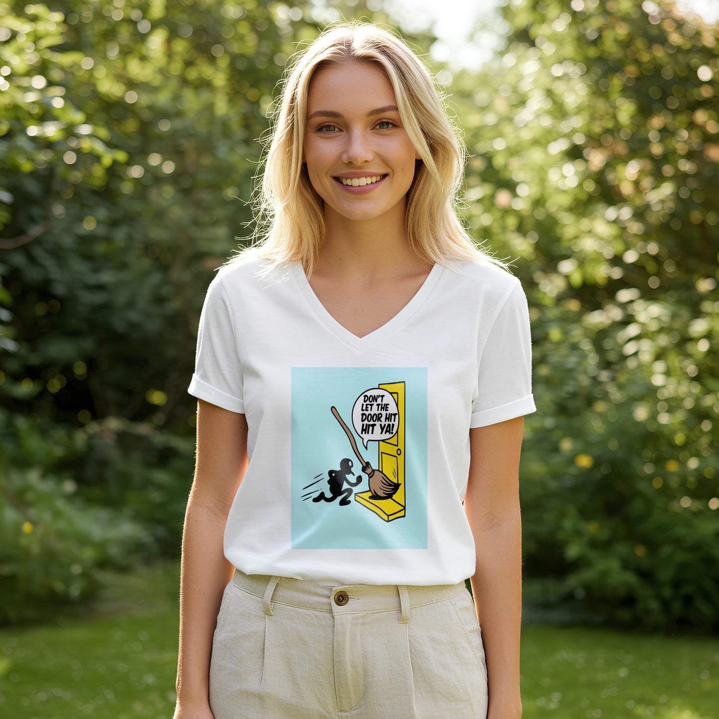 Unisex V-Neck Tee with Funny Broomstick Humor Design | Sarcastic Don't Let The Door Hit Ya Graphic T-Shirt | Witty Farewell Joke Gift Idea