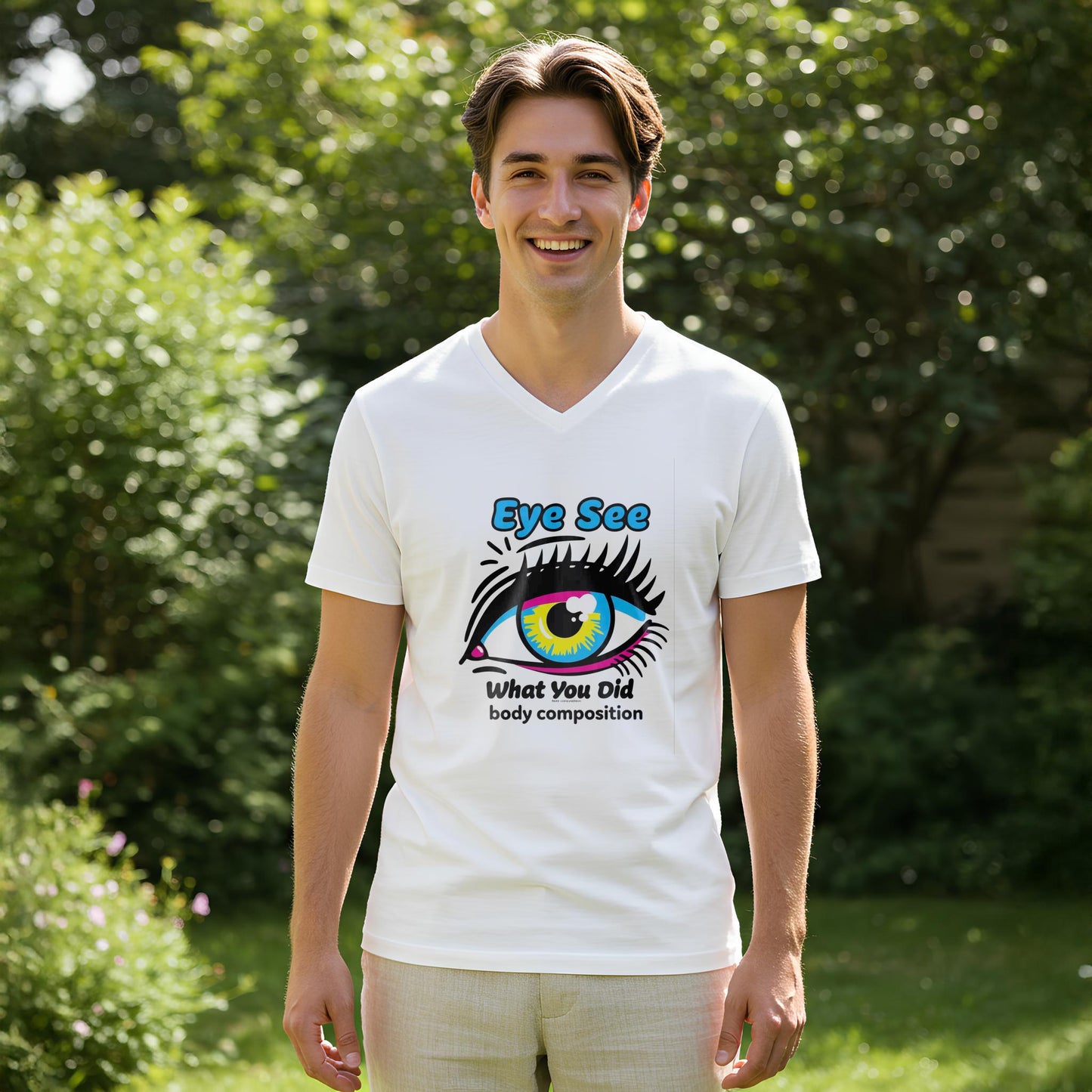 Unisex V-Neck Tee with Bold Pop Art Eye Design | CMYK Vibrant Graphic T-Shirt | Humorous Statement Apparel | Quirky Streetwear Gift Idea