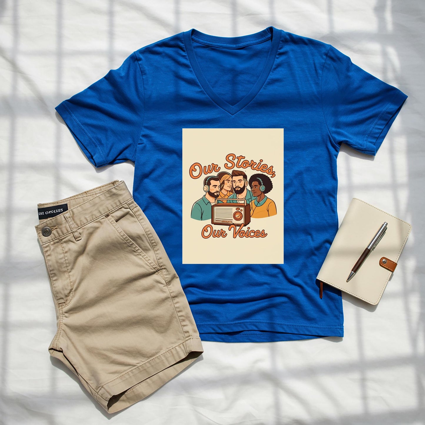 Our Stories Our Voices Unisex V-Neck Tee | Diverse Voices Podcast Lover Gift | Retro Radio Graphic Shirt | Community Connection Apparel