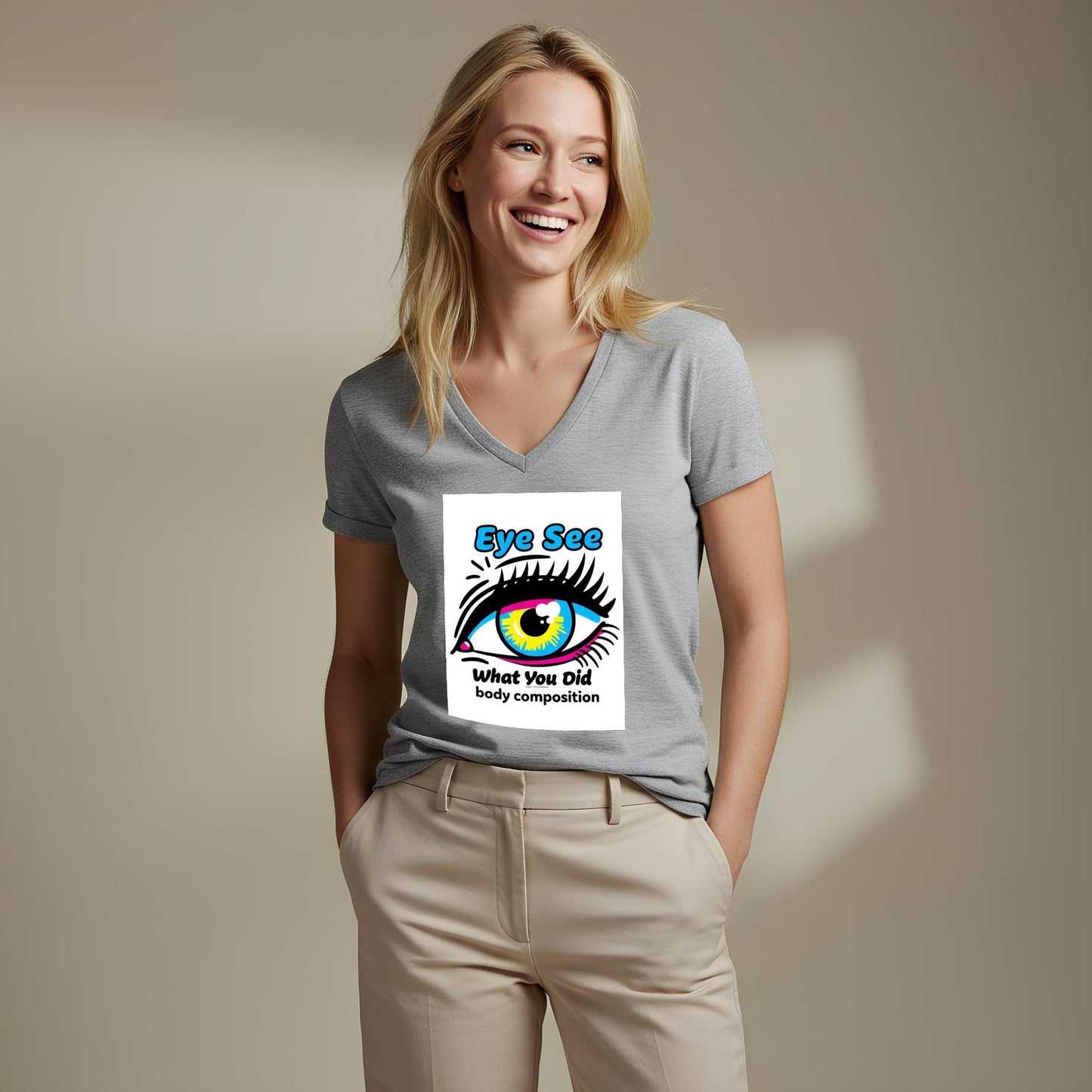Unisex V-Neck Tee with Bold Pop Art Eye Design | CMYK Vibrant Graphic T-Shirt | Humorous Statement Apparel | Quirky Streetwear Gift Idea