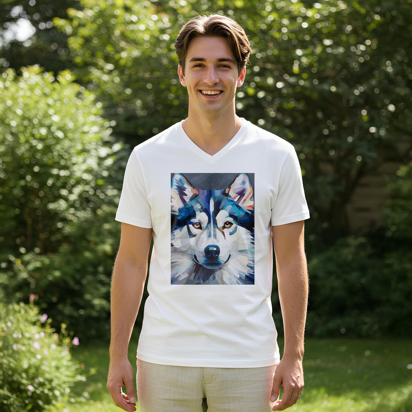 Unisex V-Neck Tee with Geometric Wolf Art | Modern Spirit Animal Shirt | Abstract Wildlife Design | Cool Blue & White Expressive Top