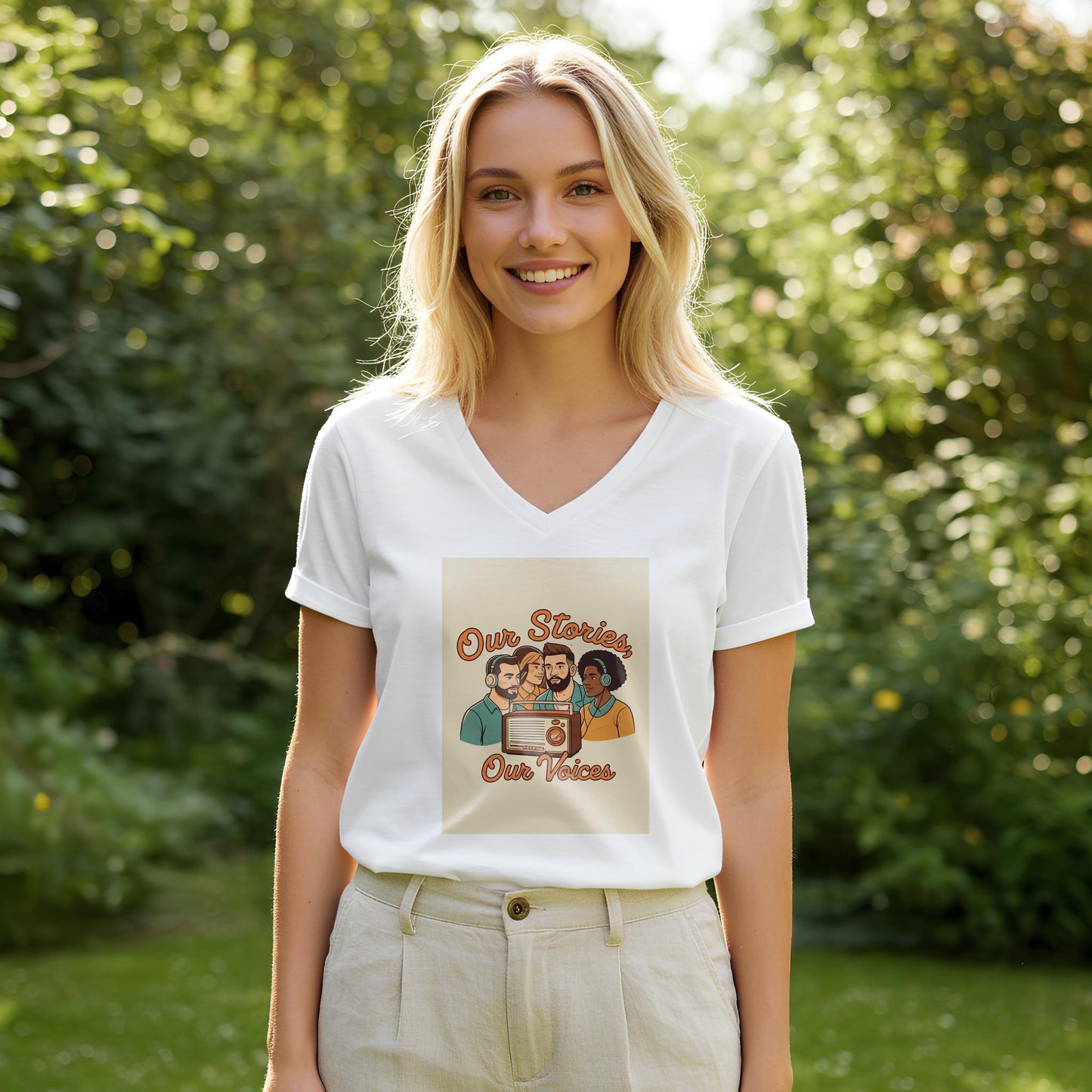 Our Stories Our Voices Unisex V-Neck Tee | Diverse Voices Podcast Lover Gift | Retro Radio Graphic Shirt | Community Connection Apparel