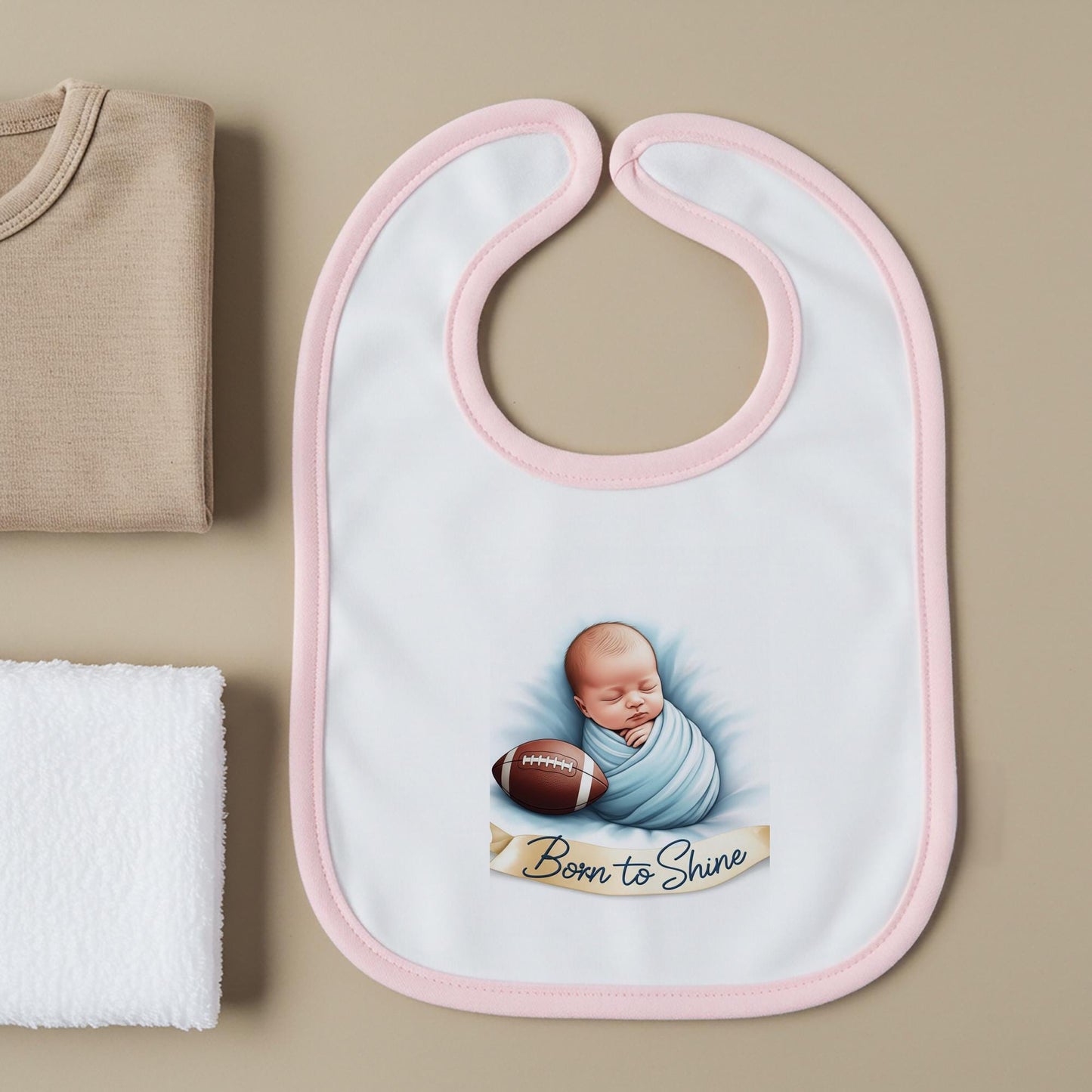 Born to Shine Football Baby Bib | Adorable Newborn Boy Swaddle Design | Sports Theme Infant Feeding Bib | Unique Baby Shower Gift Idea