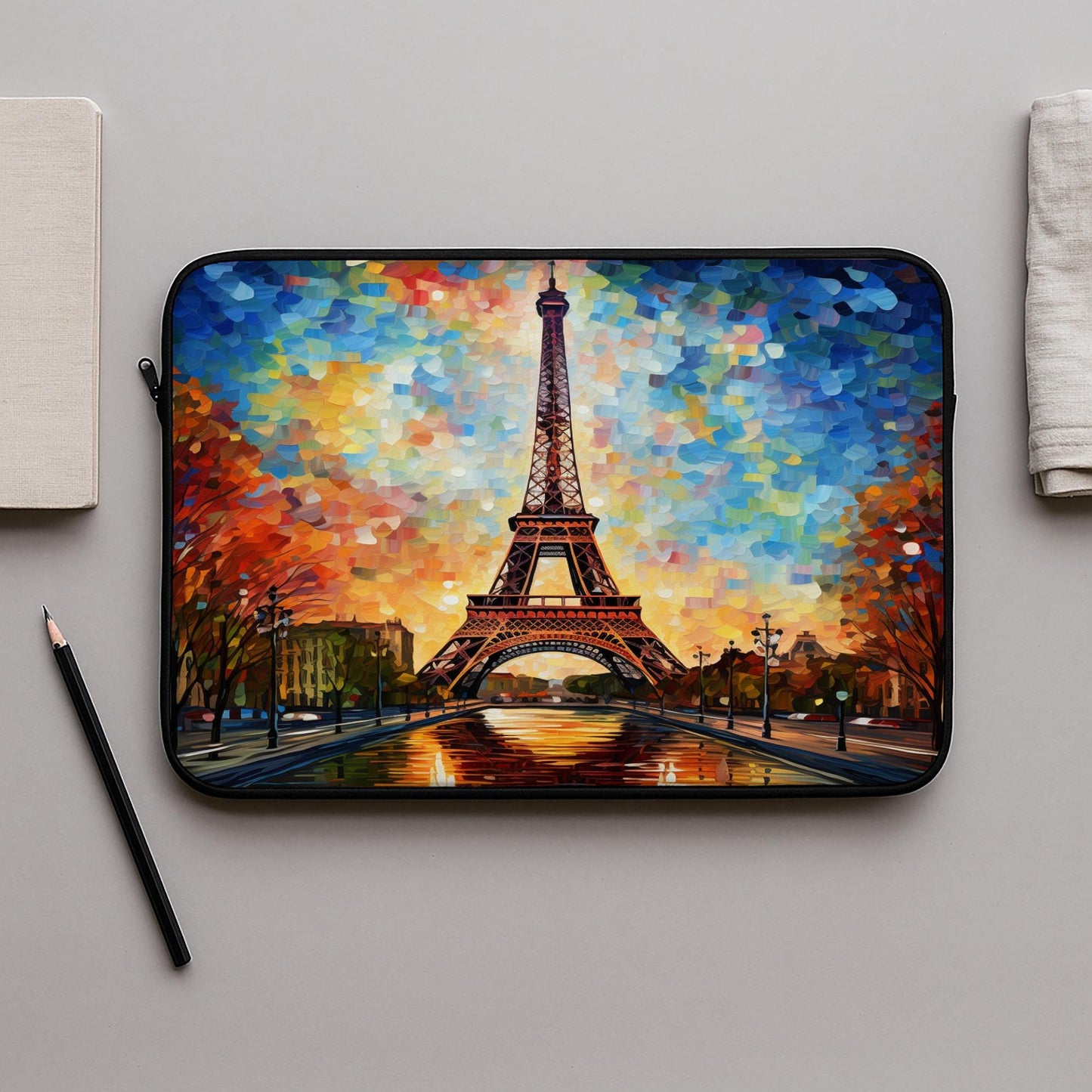 Vibrant Eiffel Tower Laptop Sleeve | Impressionist Paris Art Computer Case | Autumnal Cityscape Tech Accessory | Unique Travel Gift Idea