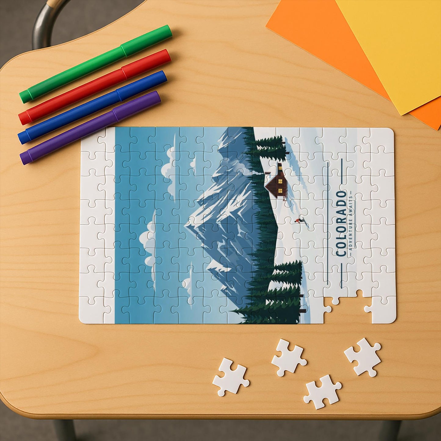 Colorado Winter Mountain Puzzle | Skiing Adventure Jigsaw | Cozy Cabin Landscape Art | Retro Travel Poster Style Gift for Outdoor Lovers