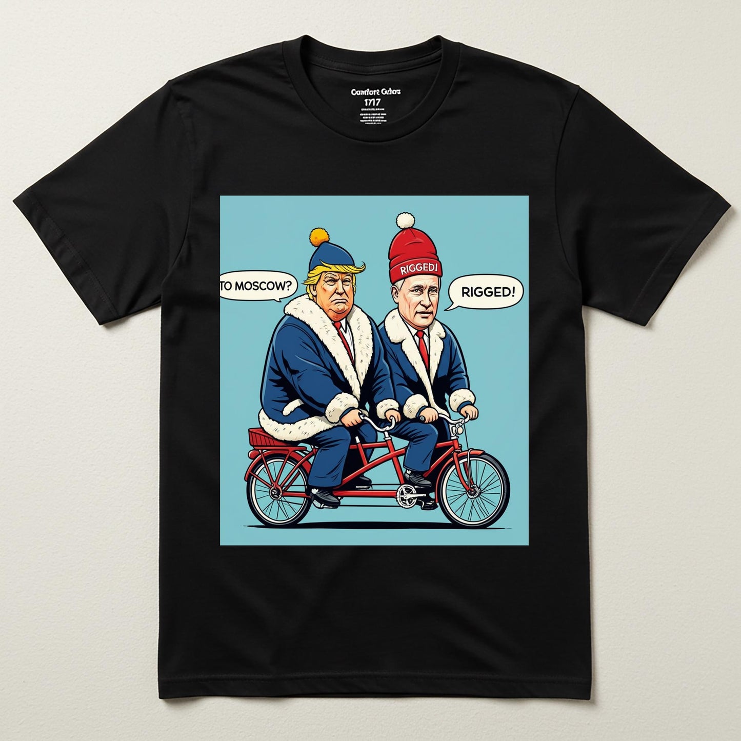 Unisex Garment-Dyed T-shirt with Funny Trump Putin Tandem Bike Political Satire Art. Current Events Humor Tee, Ironic Statement Shirt.