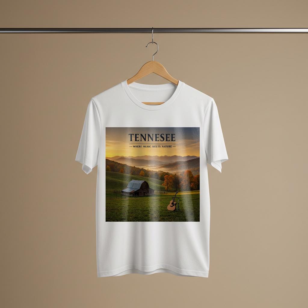 Tennessee Music Meets Nature T-Shirt | Appalachian Landscape Autumn Barn Guitar Tee | Rustic Country Music Fan Gift | State Pride Apparel