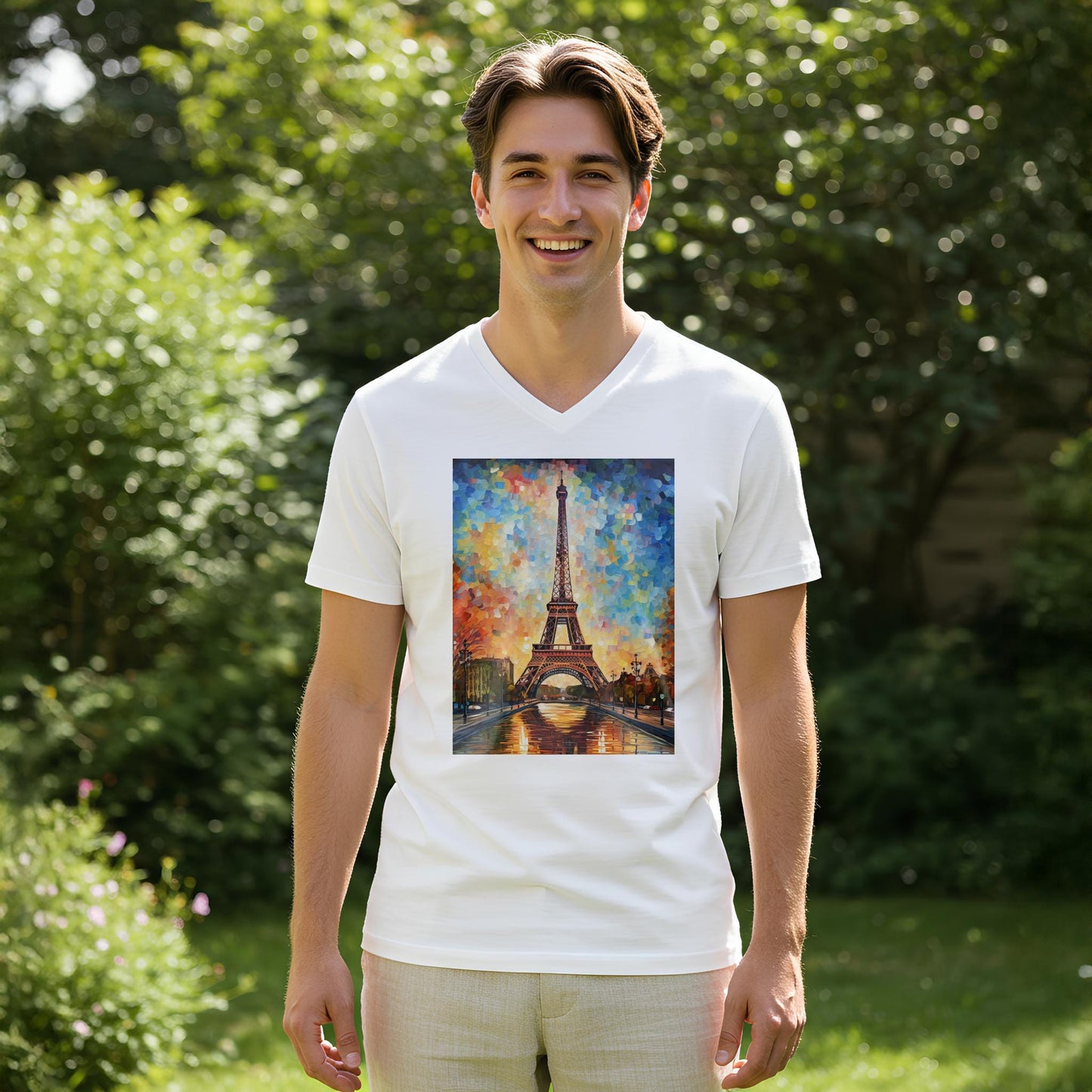 Vibrant Eiffel Tower V-Neck Tee | Impressionist Paris Art Shirt | Autumn Cityscape Graphic | Romantic Travel Apparel | Artistic Unisex Top